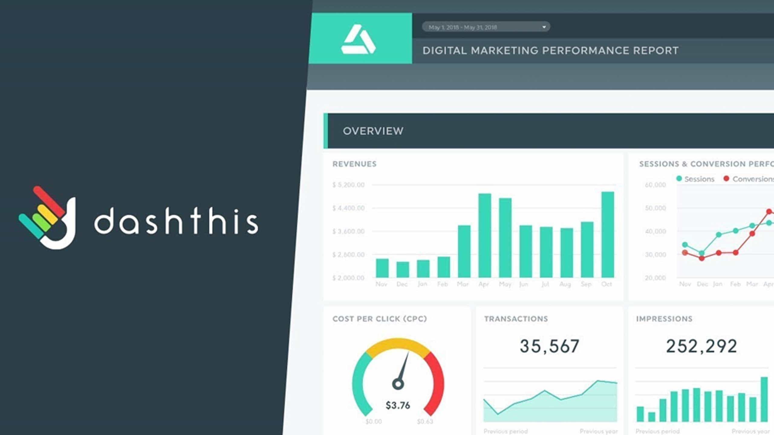 DashThis logo beside a digital marketing performance report dashboard