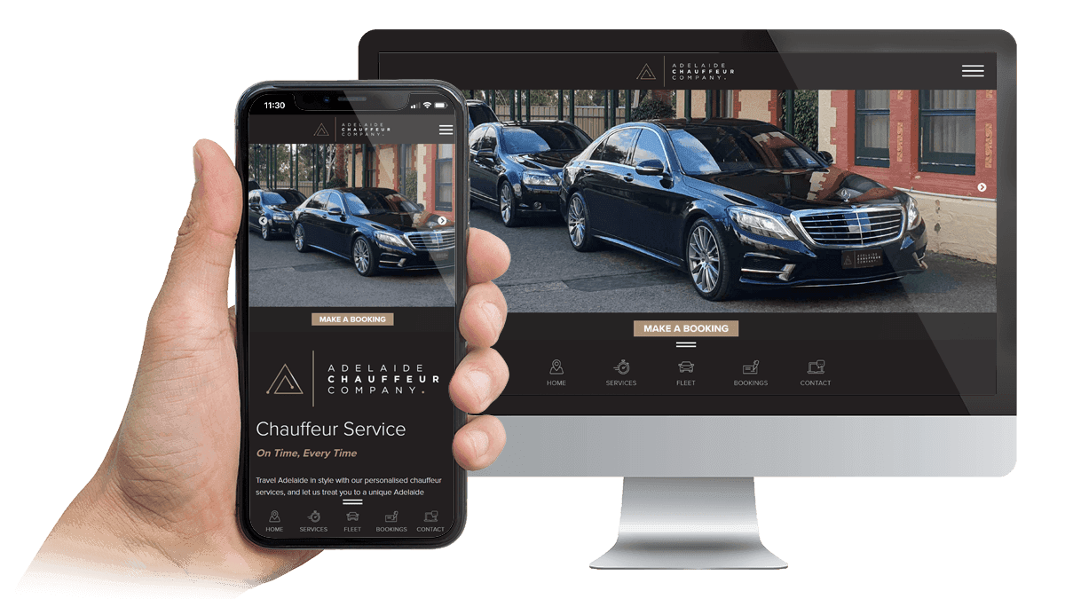 Adelaide Chauffeur Company website displayed on a desktop monitor and smartphone