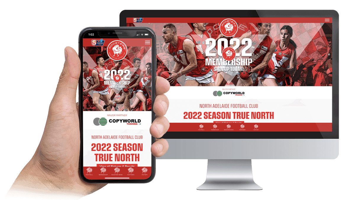 North Adelaide Football Club 2022 membership home page shown on a desktop monitor and smartphone