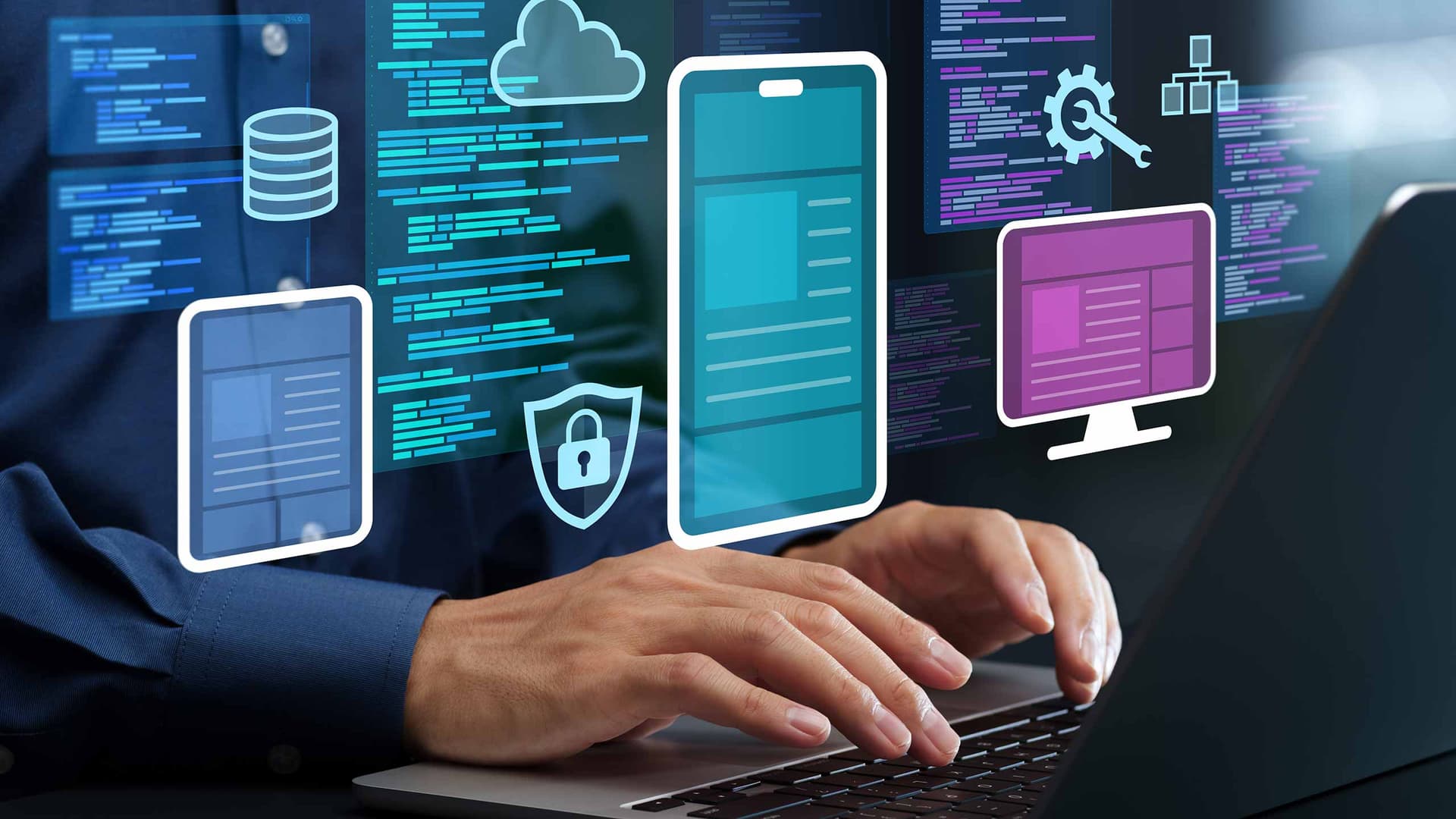Icons of app screens, code and security overlaid on hands typing on a laptop