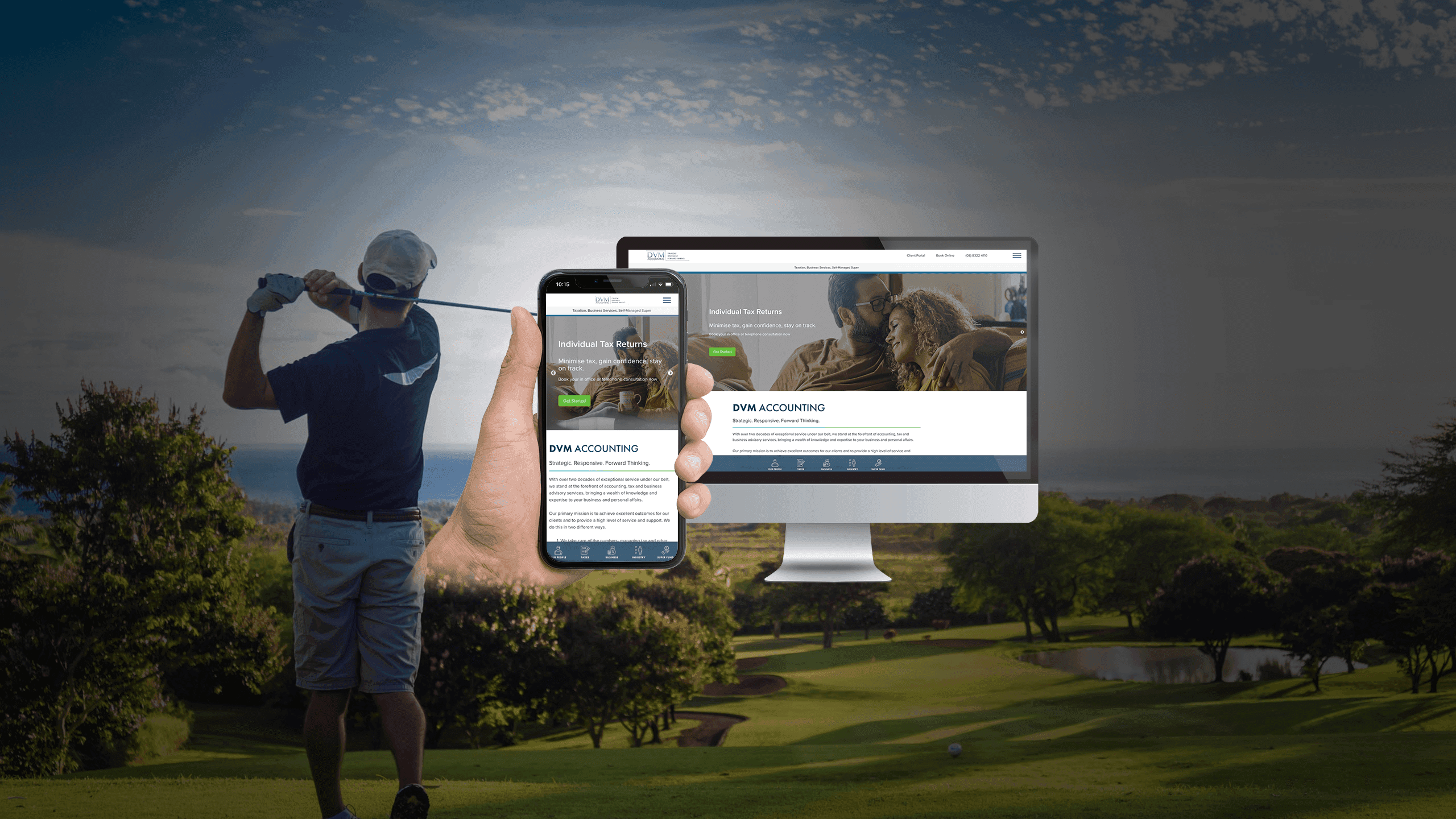 DVM Accounting website on desktop and smartphone against a golfer on a fairway