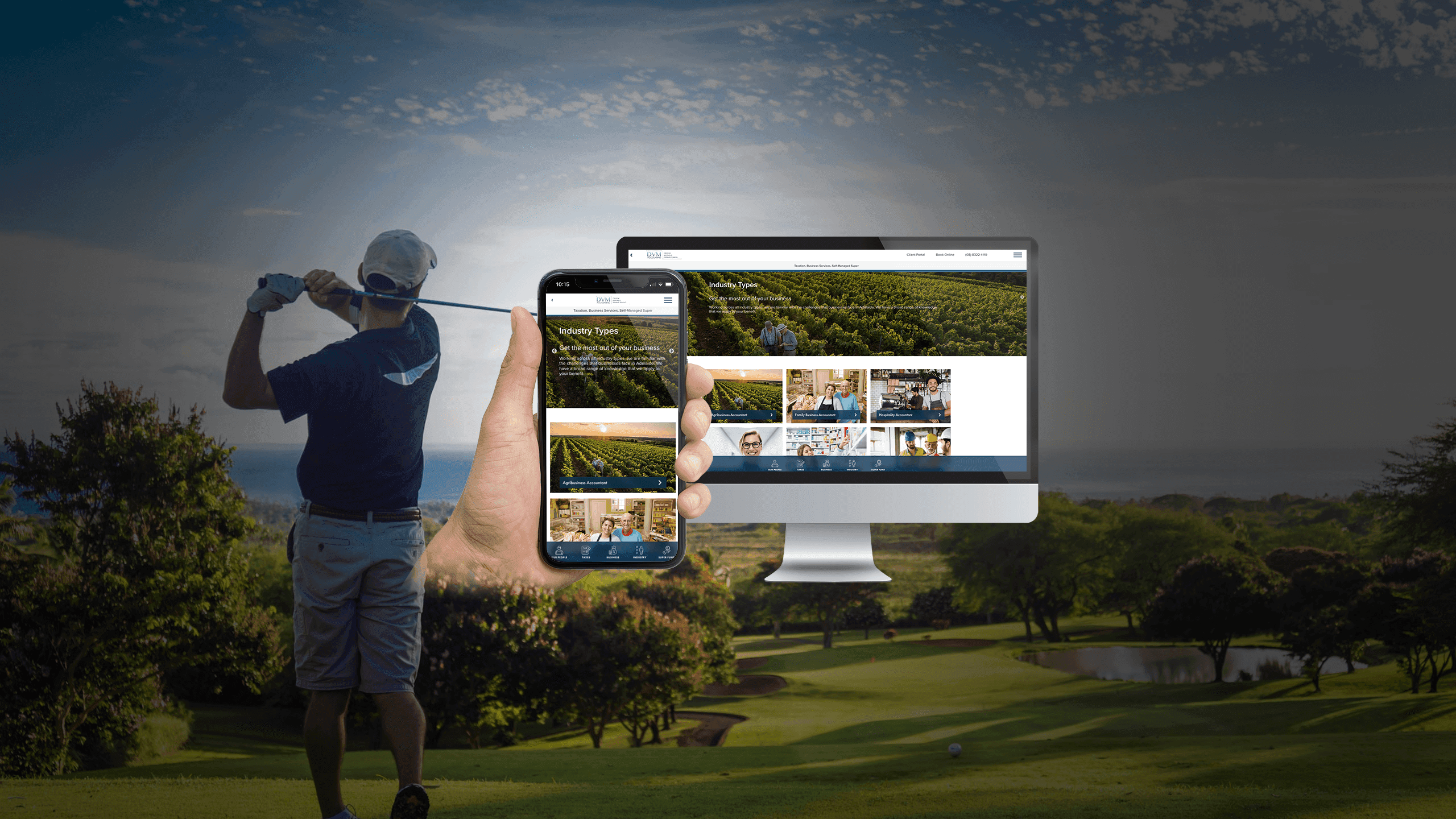 DVM Accounting Industry Types page on desktop and smartphone against a golfer on a fairway