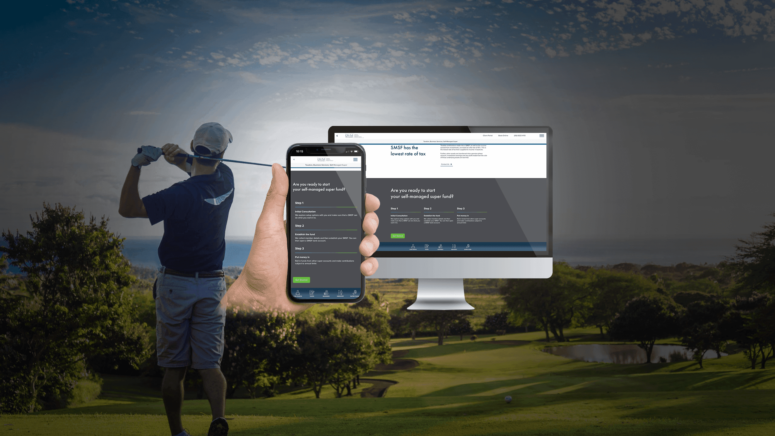 DVM Accounting SMSF page on desktop and smartphone against a golfer on a fairway