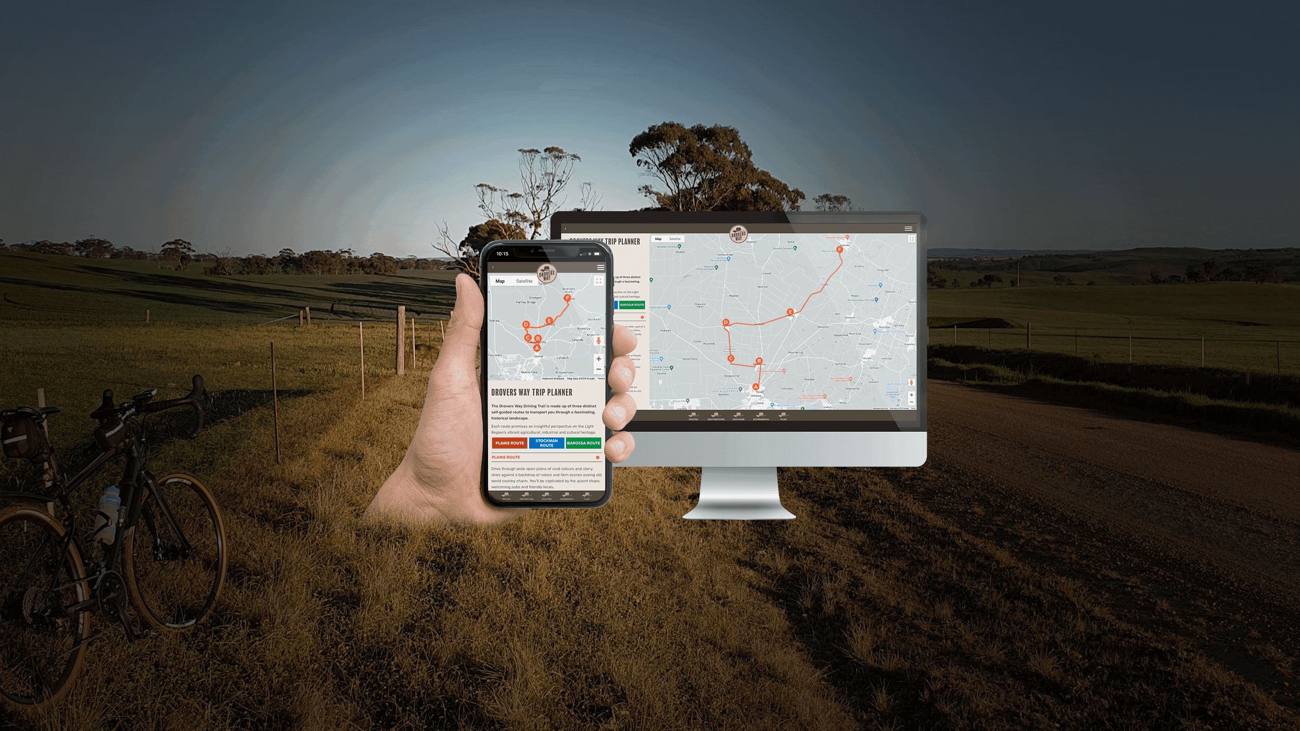 Drovers Way trip planner page with route map displayed on a desktop monitor and smartphone
