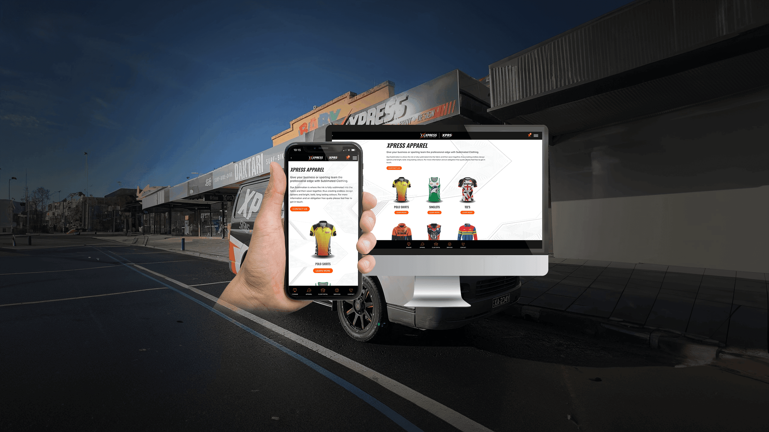 Xpress Apparel page shown on desktop and mobile outside the Xpress Signs shopfront and van