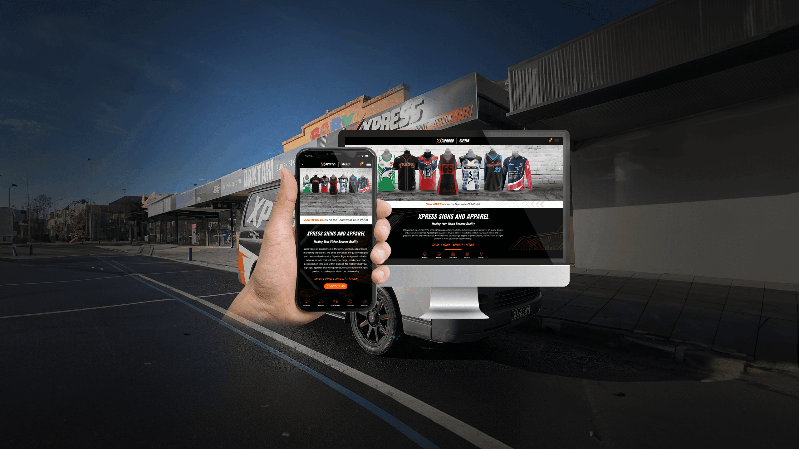 Xpress Signs and Apparel website shown on desktop and mobile outside the shopfront and van