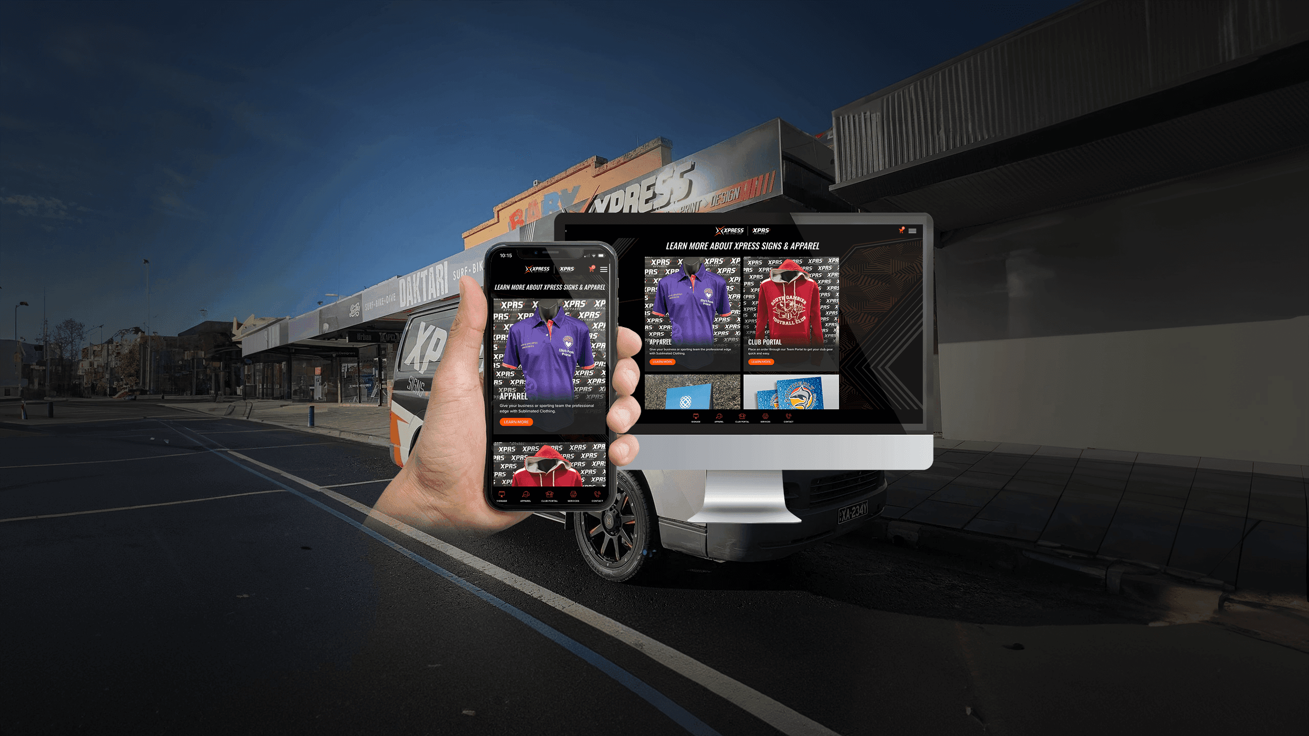 Xpress Signs and Apparel print and design page shown on desktop and mobile outside the shopfront and van