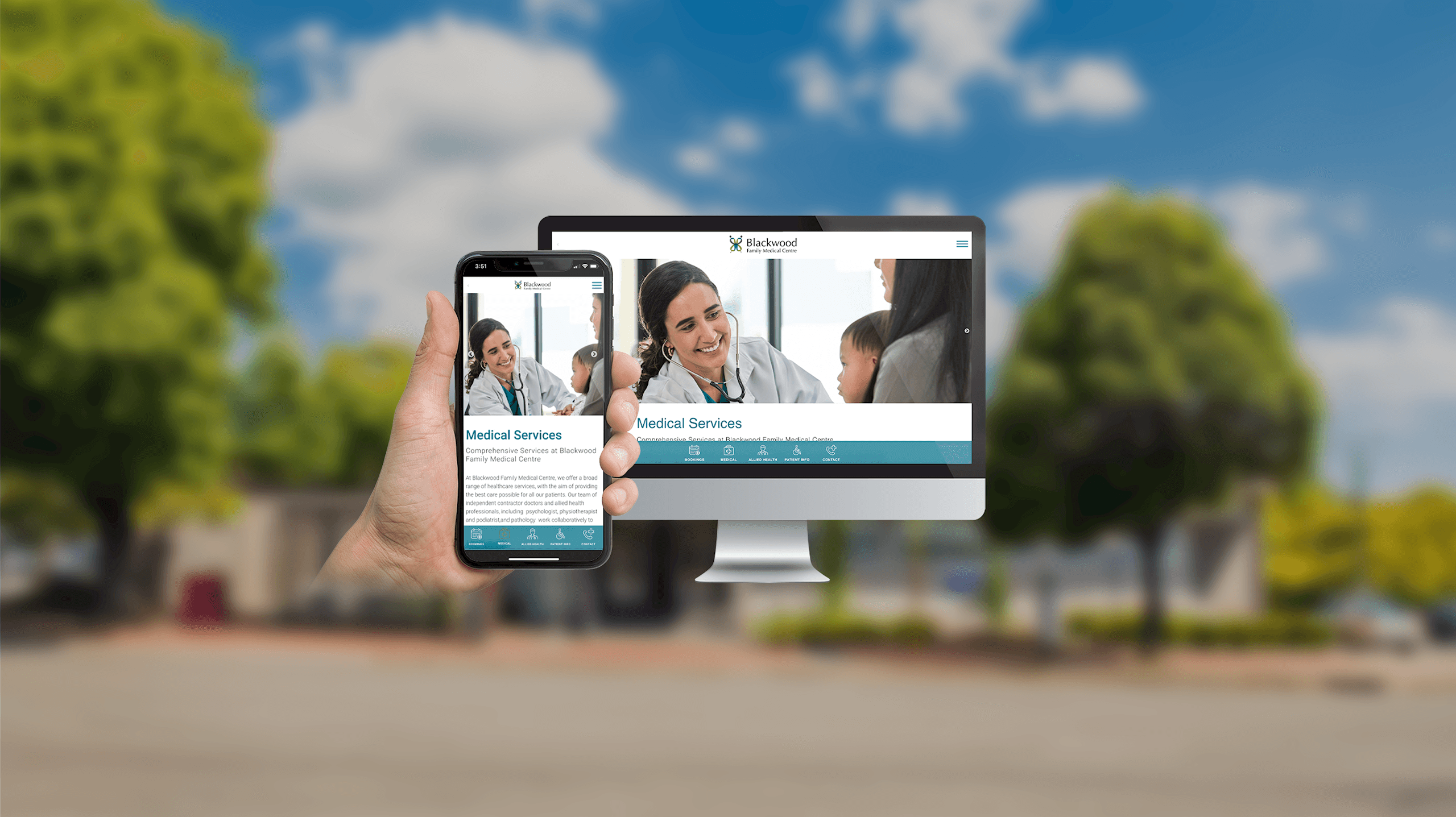 Blackwood Family Medical Centre Medical Services page displayed on a desktop monitor and smartphone outside the clinic
