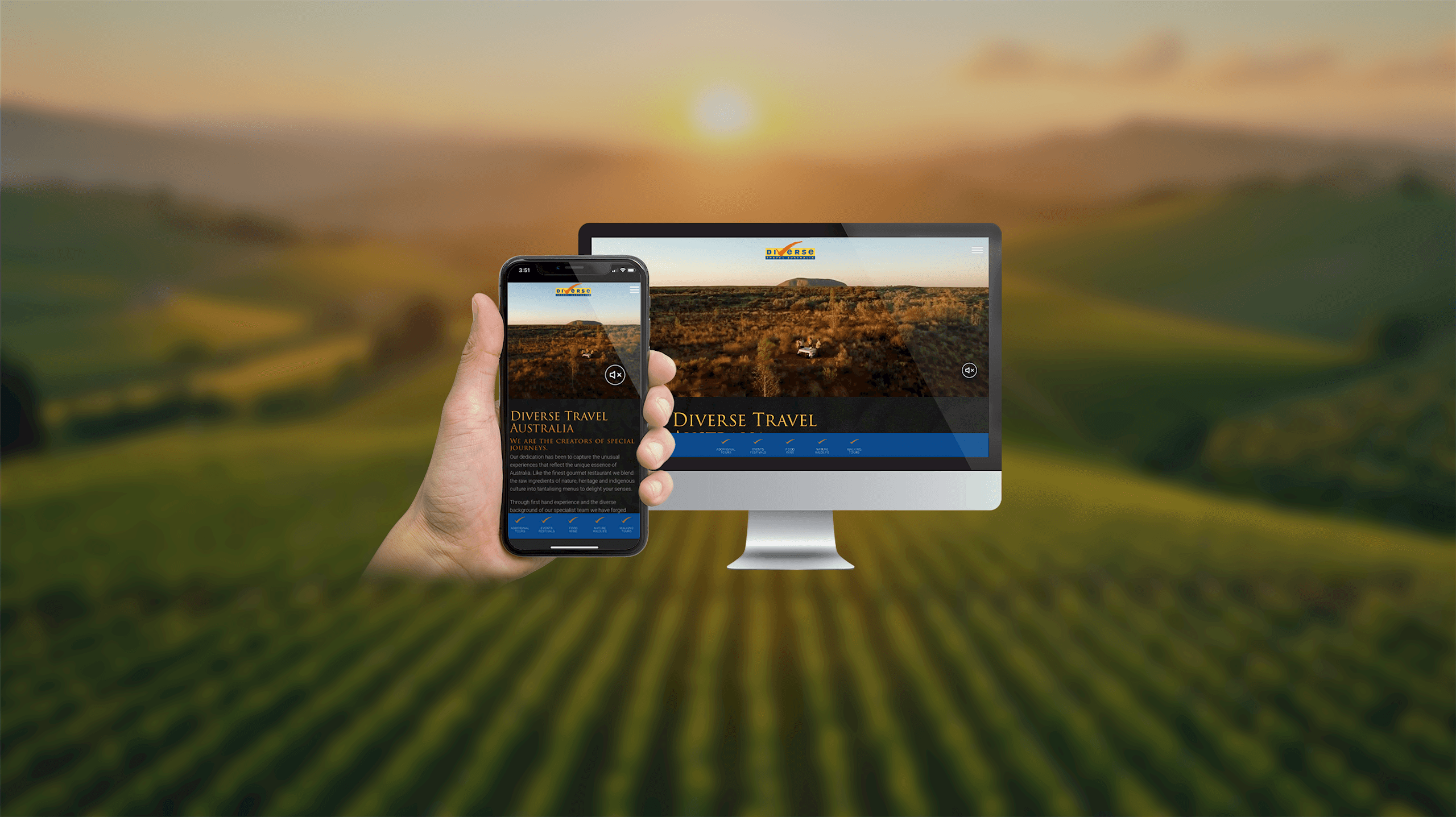 Diverse Travel Australia homepage on desktop and smartphone against an outback sunset vineyard