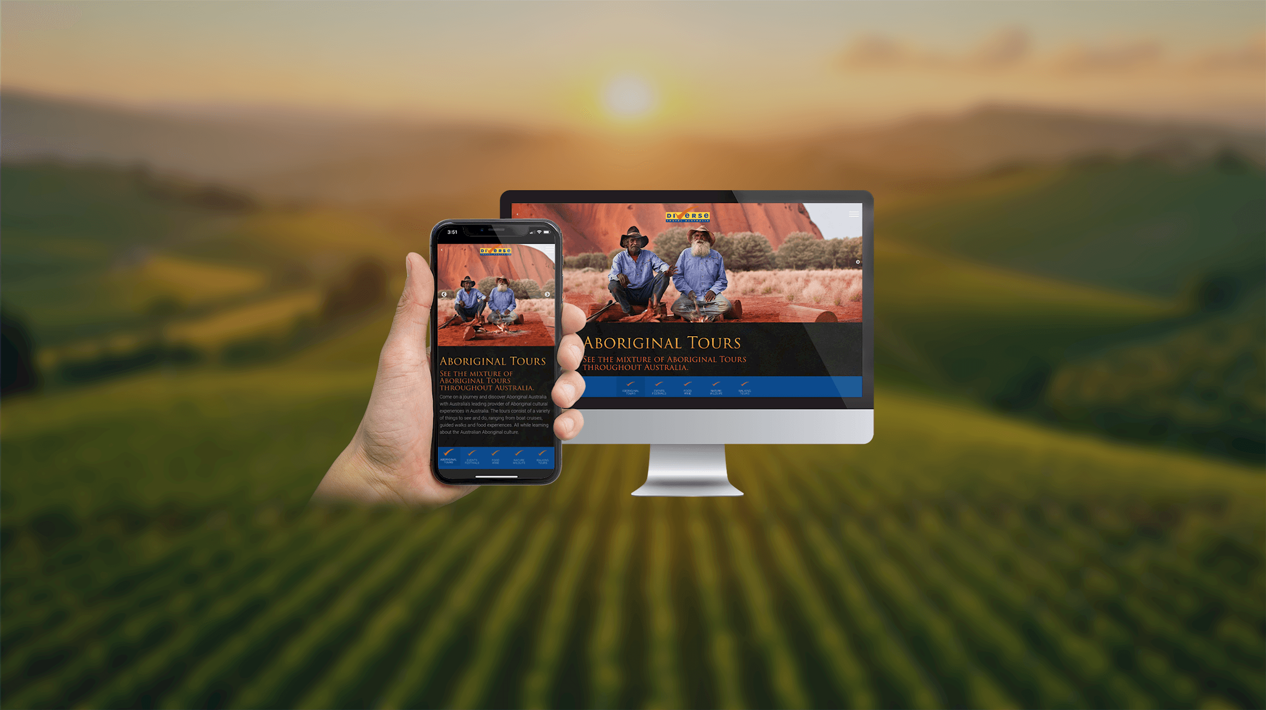 Diverse Travel Australia Aboriginal Tours page on desktop and smartphone against a sunset vineyard