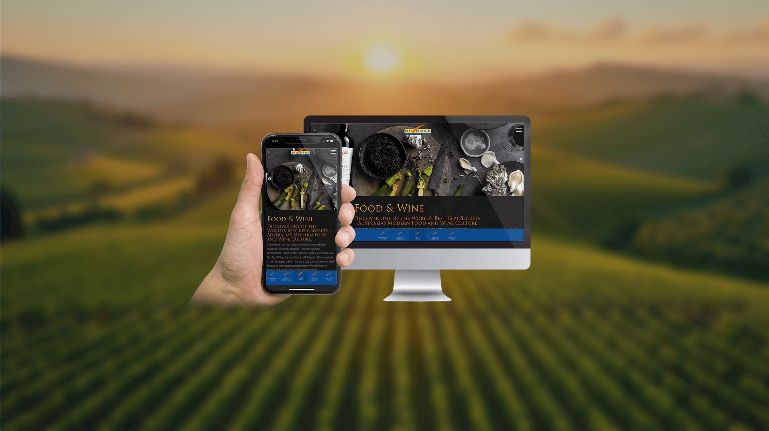 Diverse Travel Australia Food & Wine page on desktop and smartphone against a sunset vineyard
