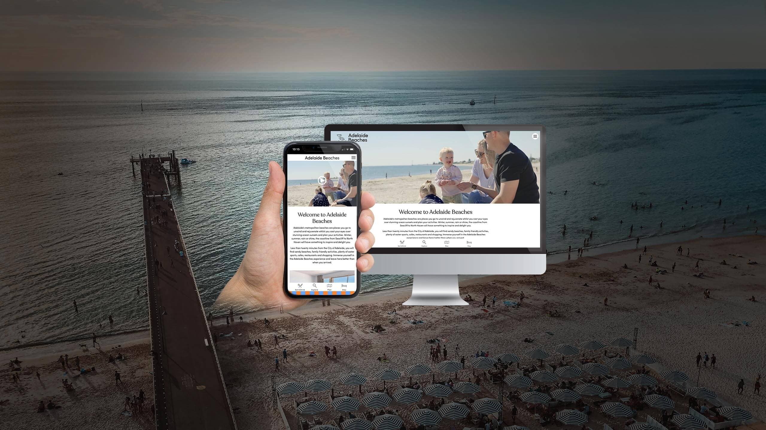 Adelaide Beaches homepage on desktop and mobile screens over an aerial beach photo