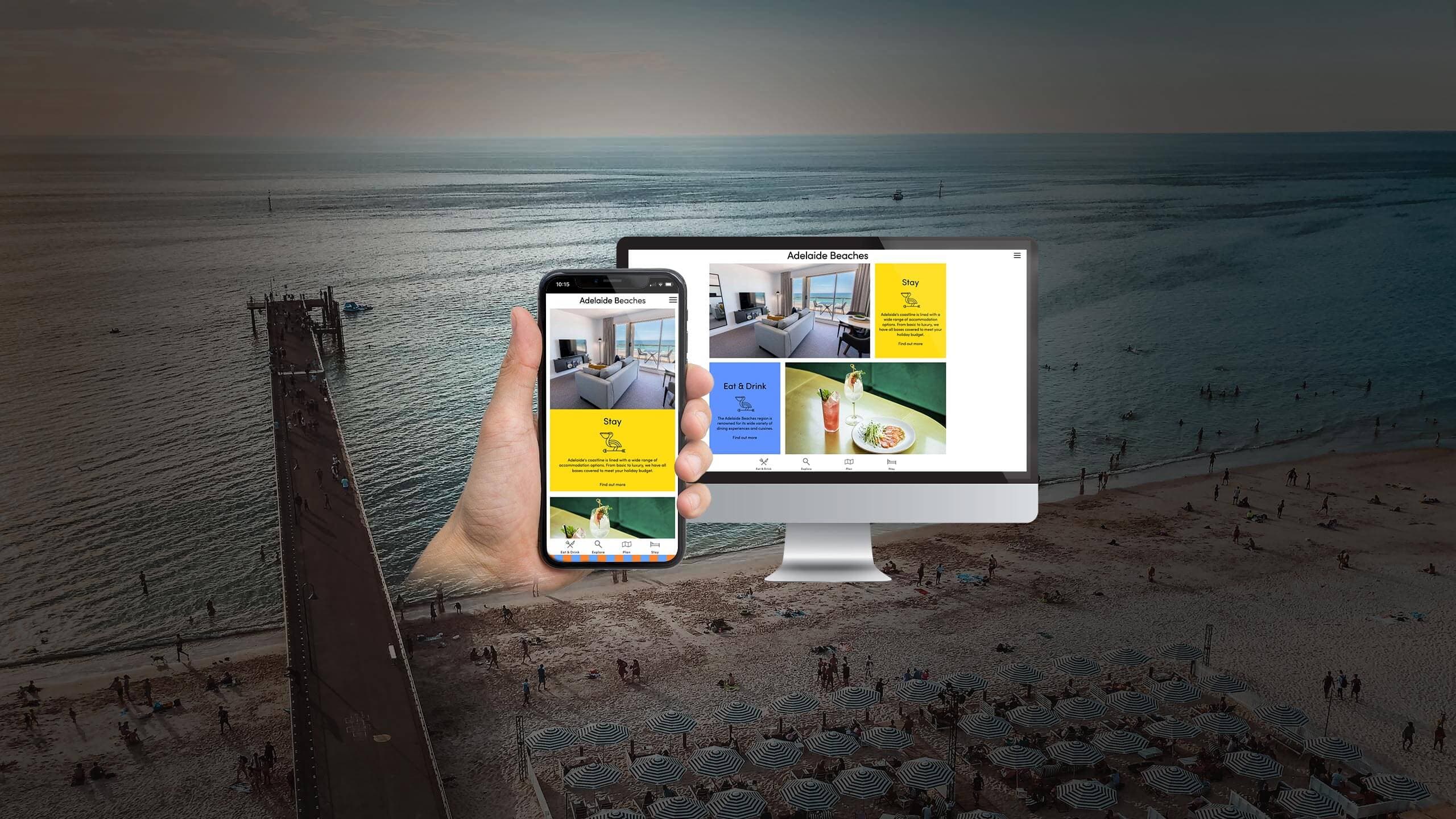 Adelaide Beaches Stay page on desktop and mobile screens over an aerial beach photo