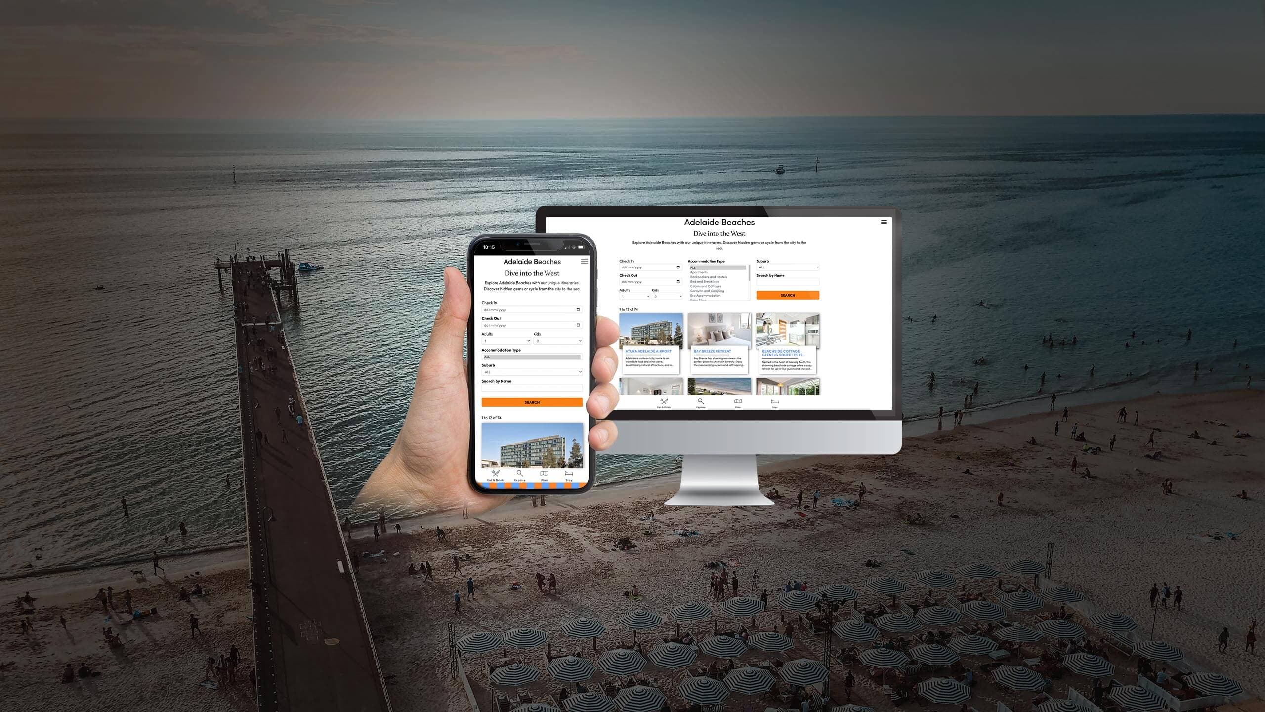 Adelaide Beaches accommodation search page on desktop and mobile screens over an aerial beach photo