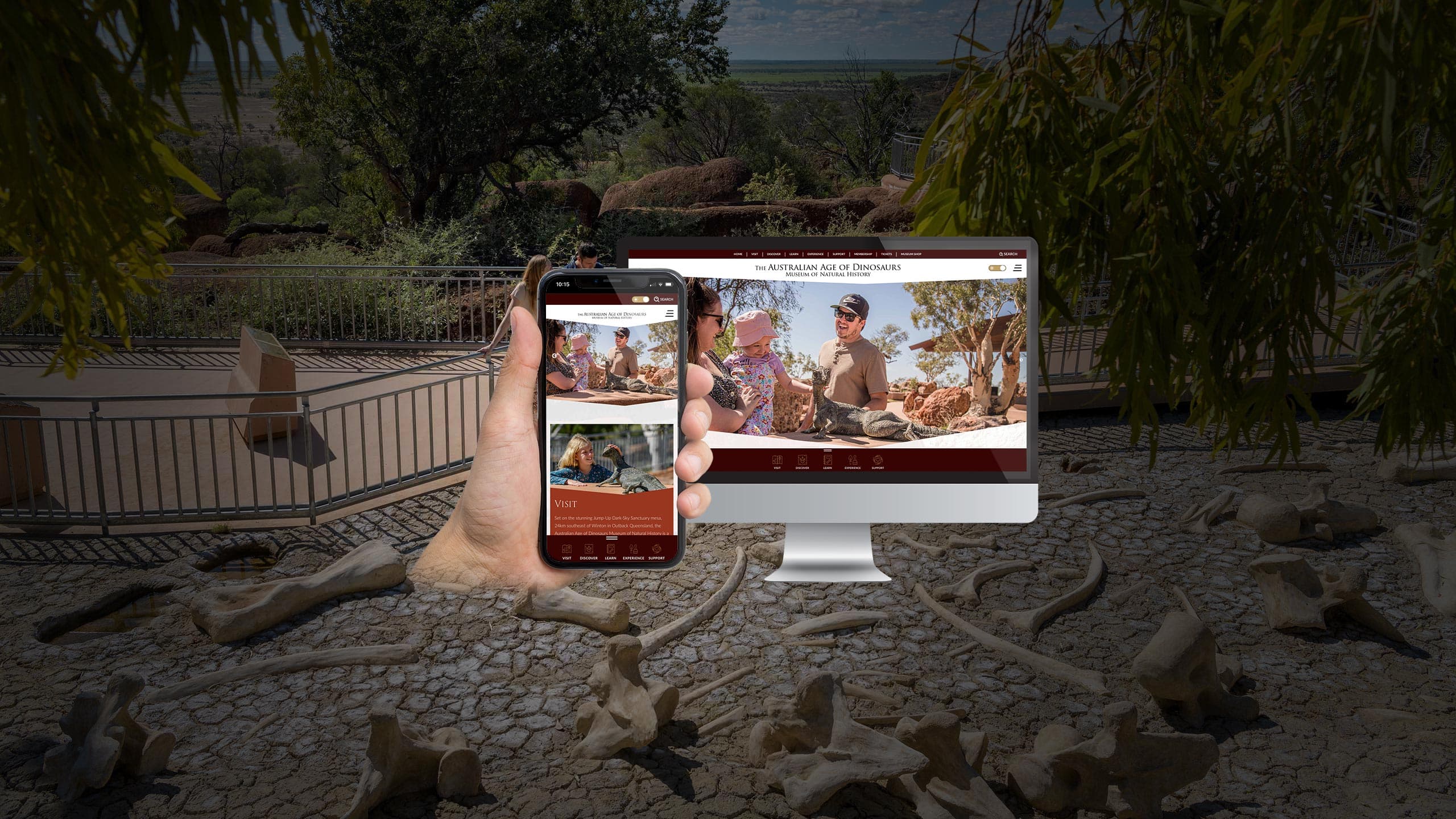 Australian Age of Dinosaurs Visit page displayed on a desktop monitor and smartphone, Winton outback backdrop