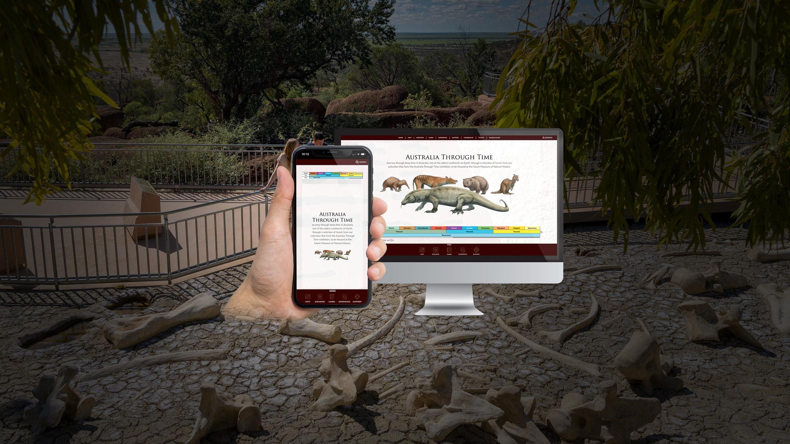 Australian Age of Dinosaurs Australia Through Time page on a desktop monitor and smartphone, Winton outback backdrop