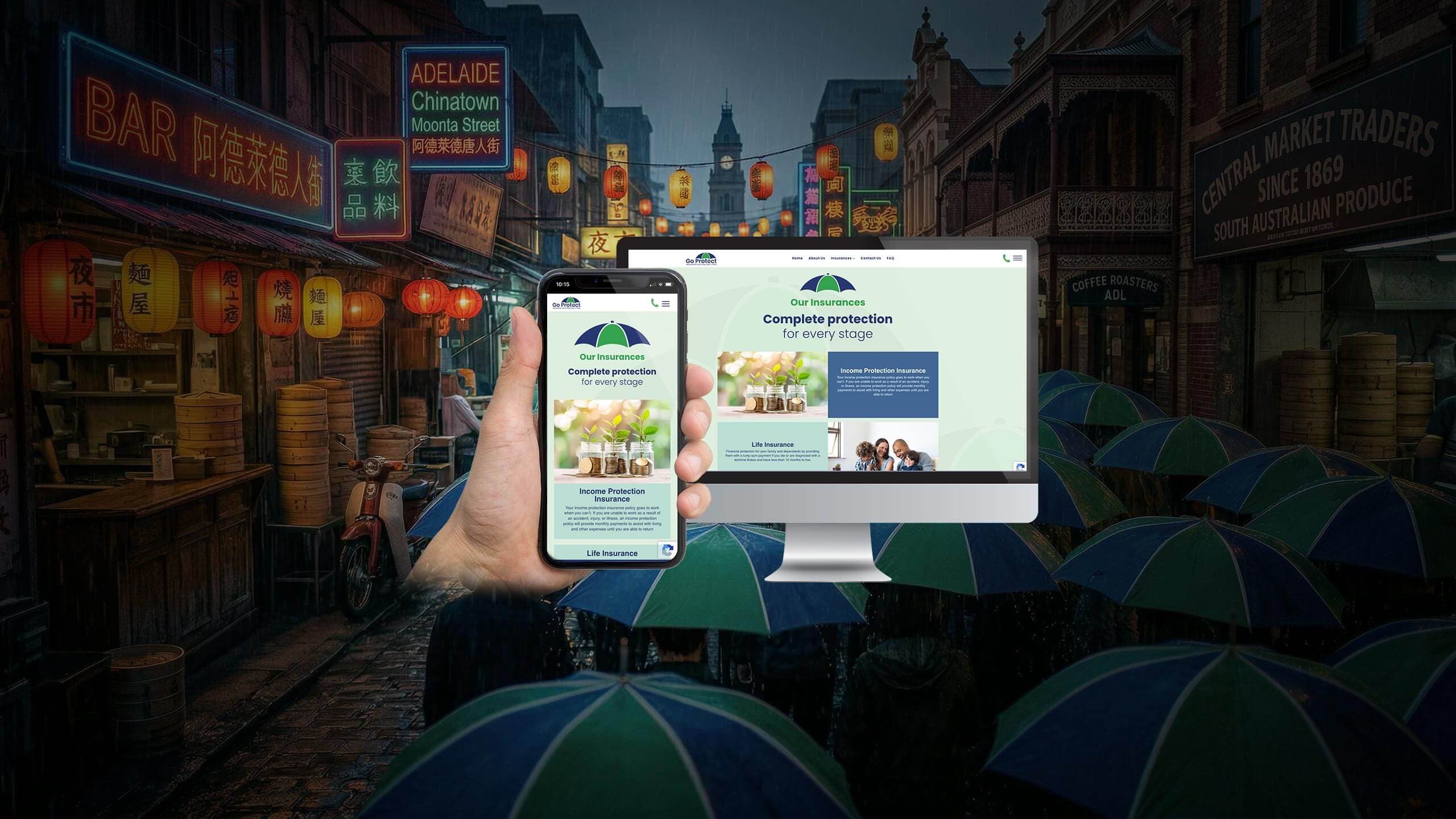 Go Protect website Our Insurances page mockup over a rainy Adelaide Chinatown streetscape