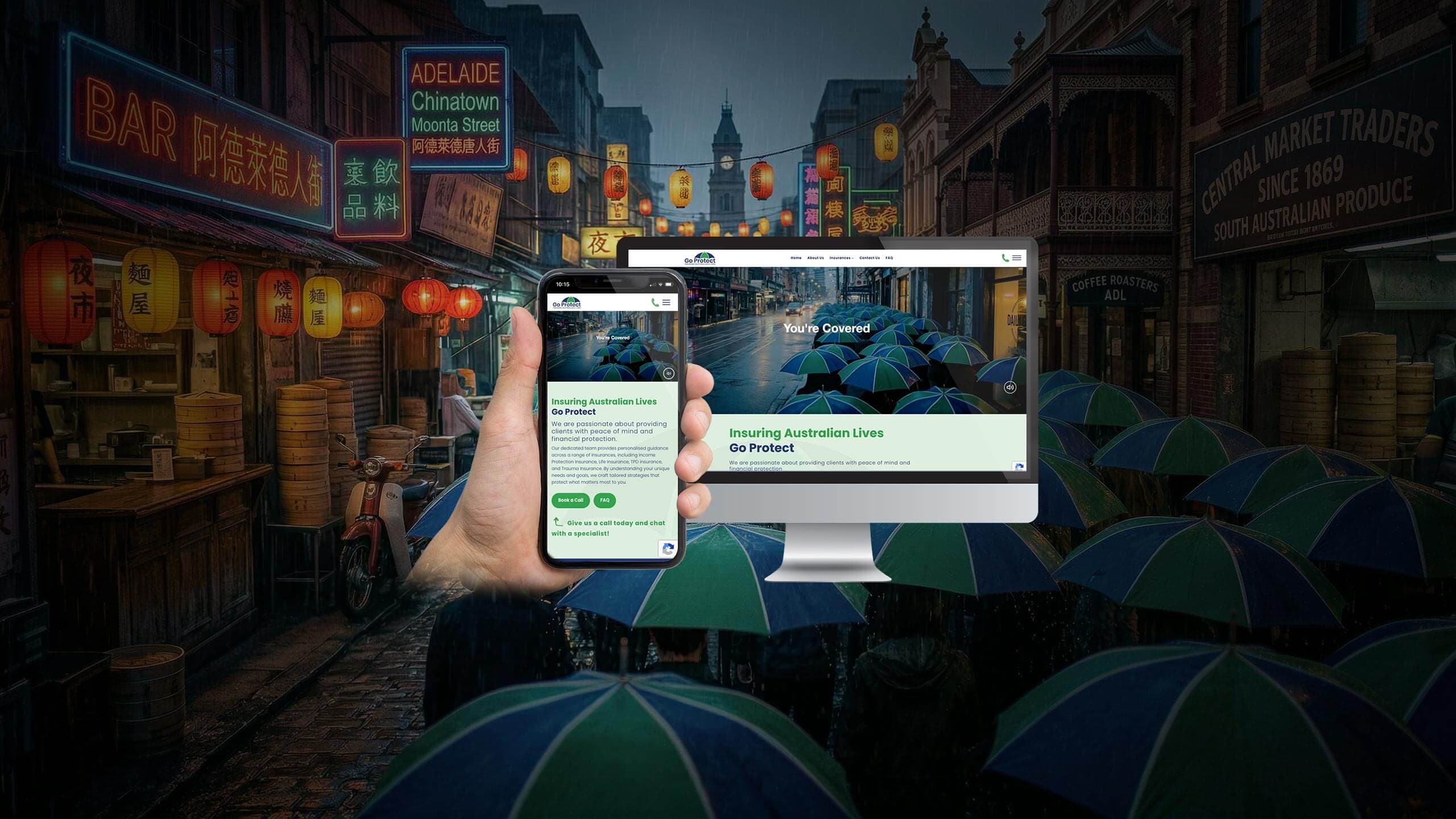 Go Protect website mockup displayed over a rainy Adelaide Chinatown streetscape