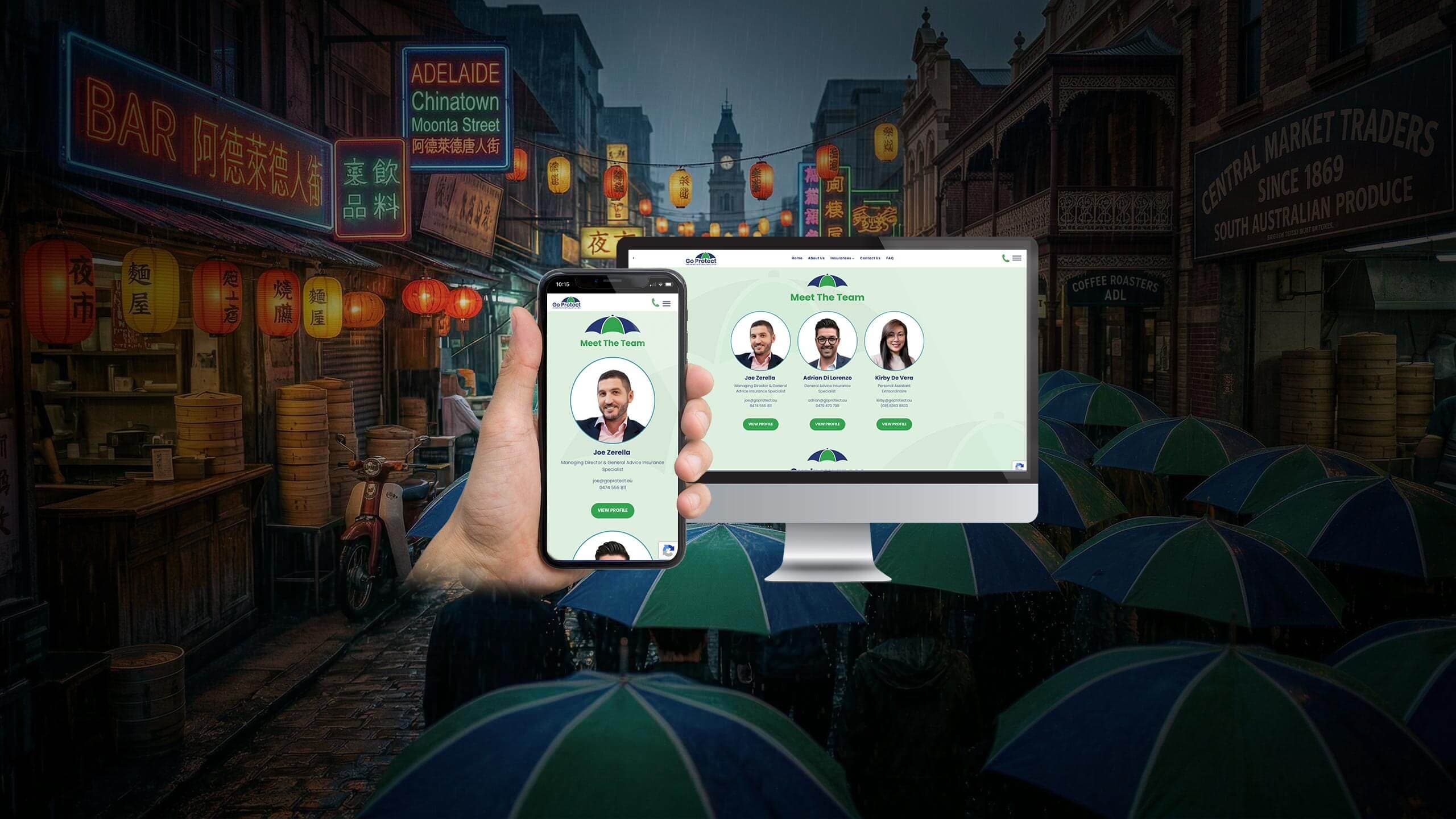 Go Protect website Meet the Team page mockup over a rainy Adelaide Chinatown streetscape
