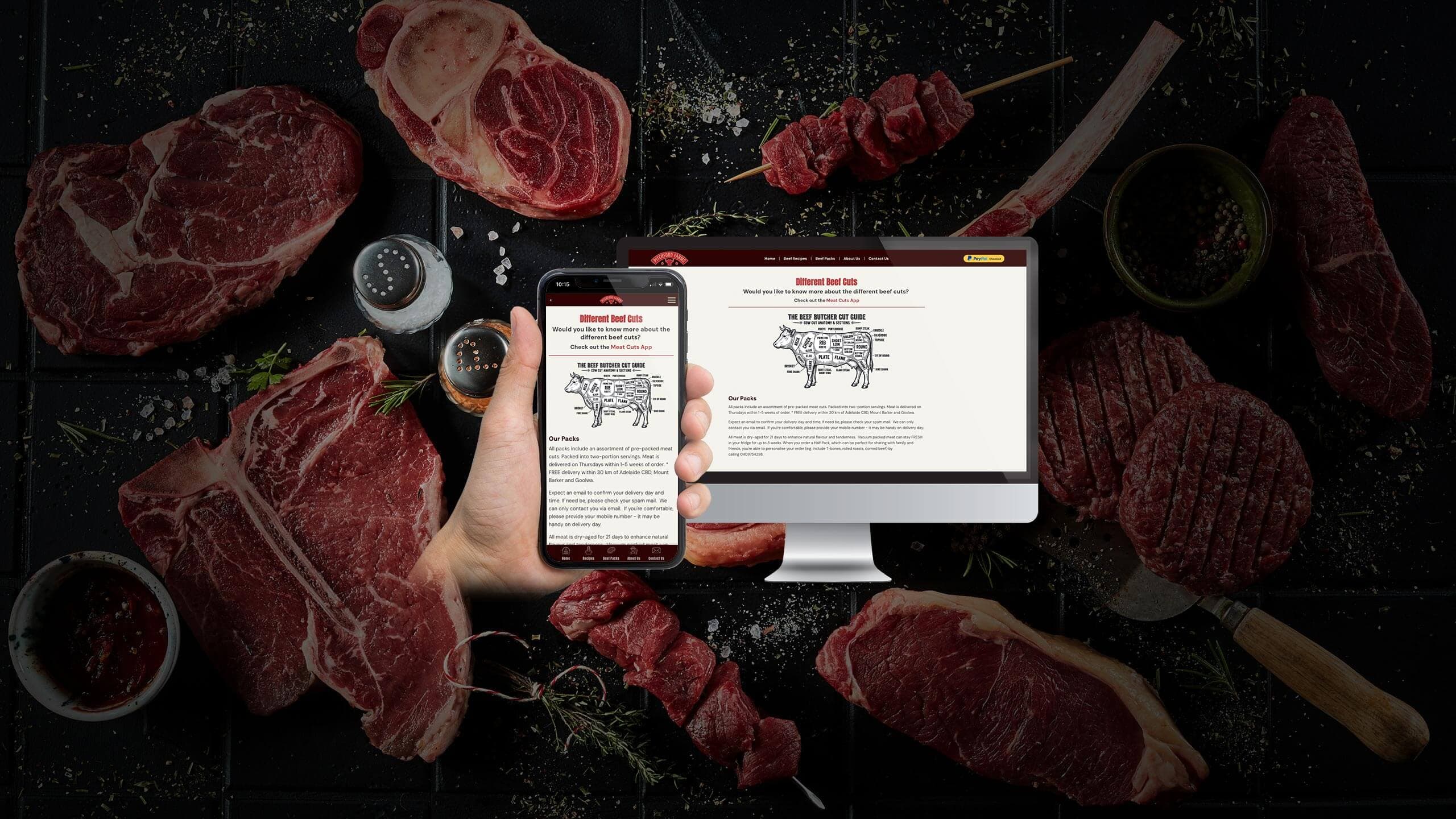 Pitchford Farms beef cuts guide with butcher cut diagram shown on desktop and smartphone over raw steaks