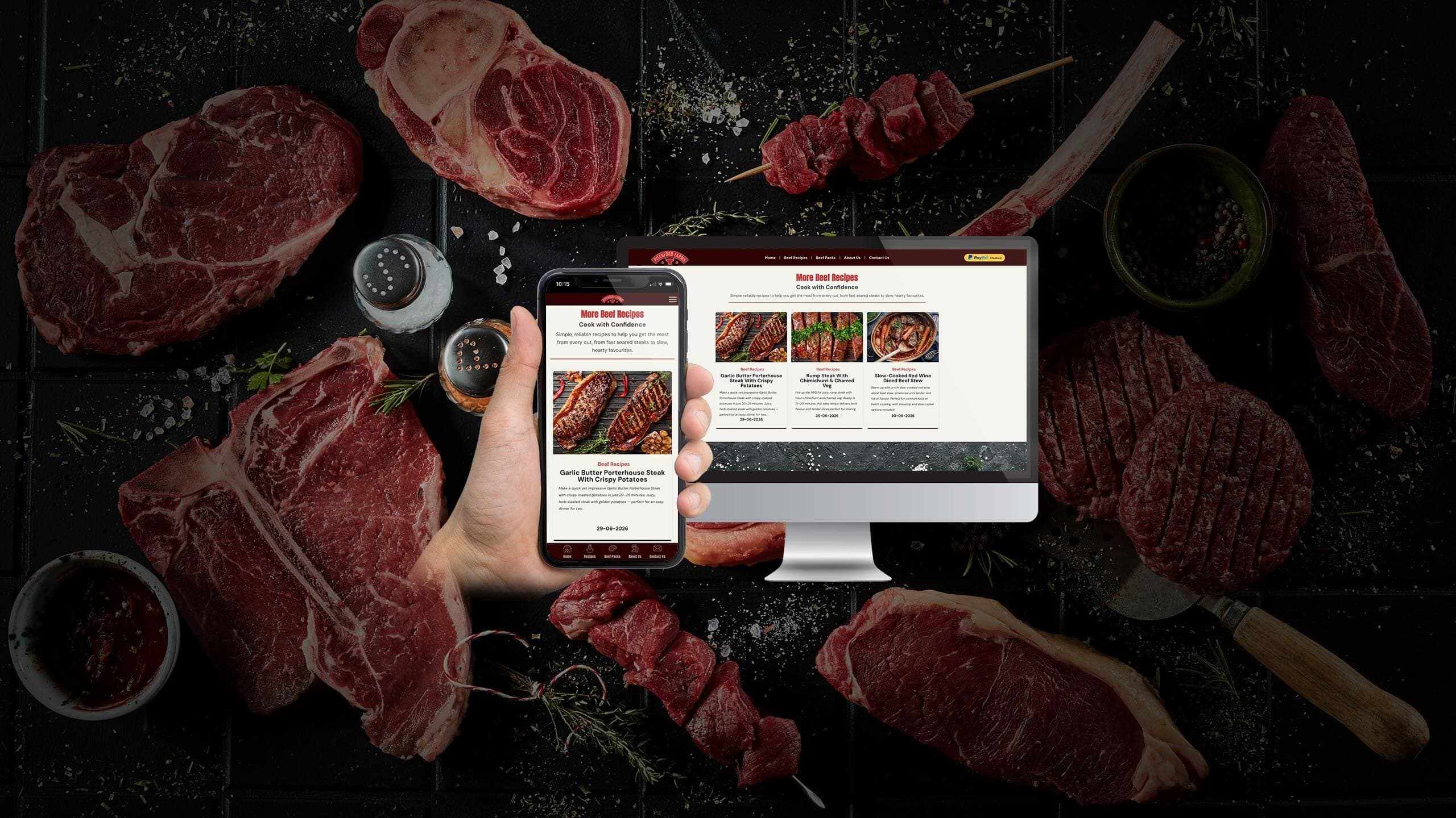 Pitchford Farms beef recipes page shown on a desktop monitor and smartphone over raw steaks and skewers