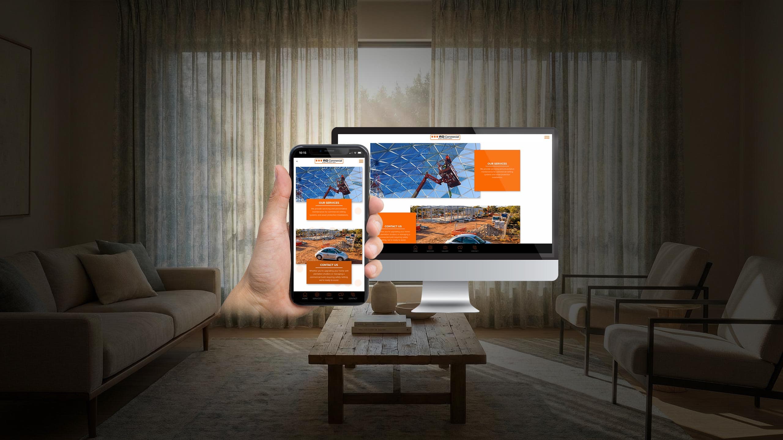 RD Commercial services and contact page displayed on desktop and mobile in a living room setting