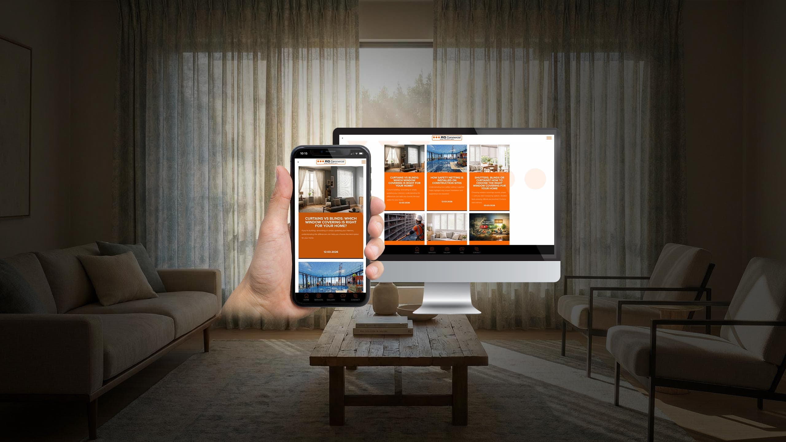 RD Commercial blog articles page displayed on desktop and mobile in a living room setting