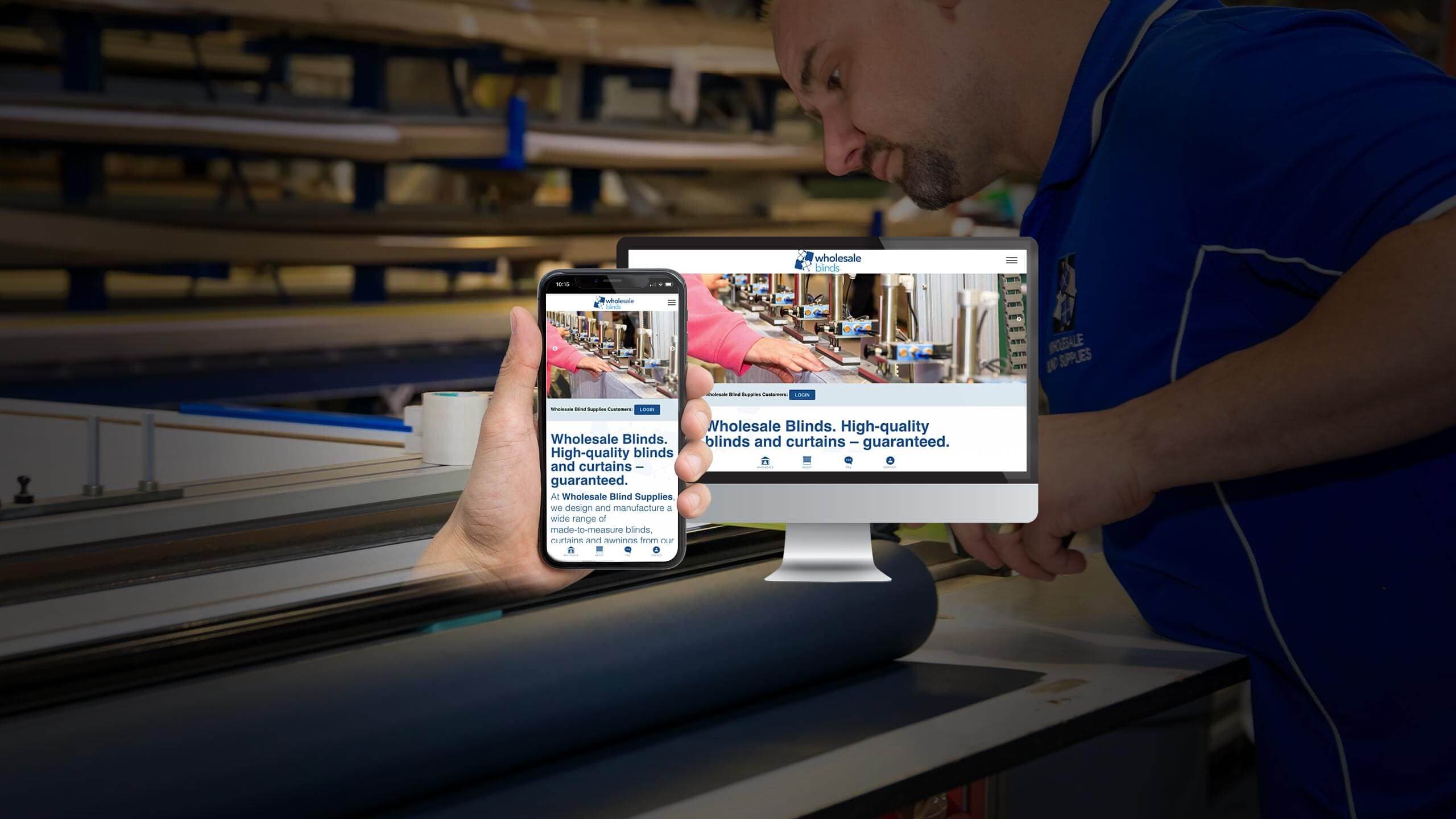 Wholesale Blind Supplies website homepage on desktop and mobile held up in the blind manufacturing workshop