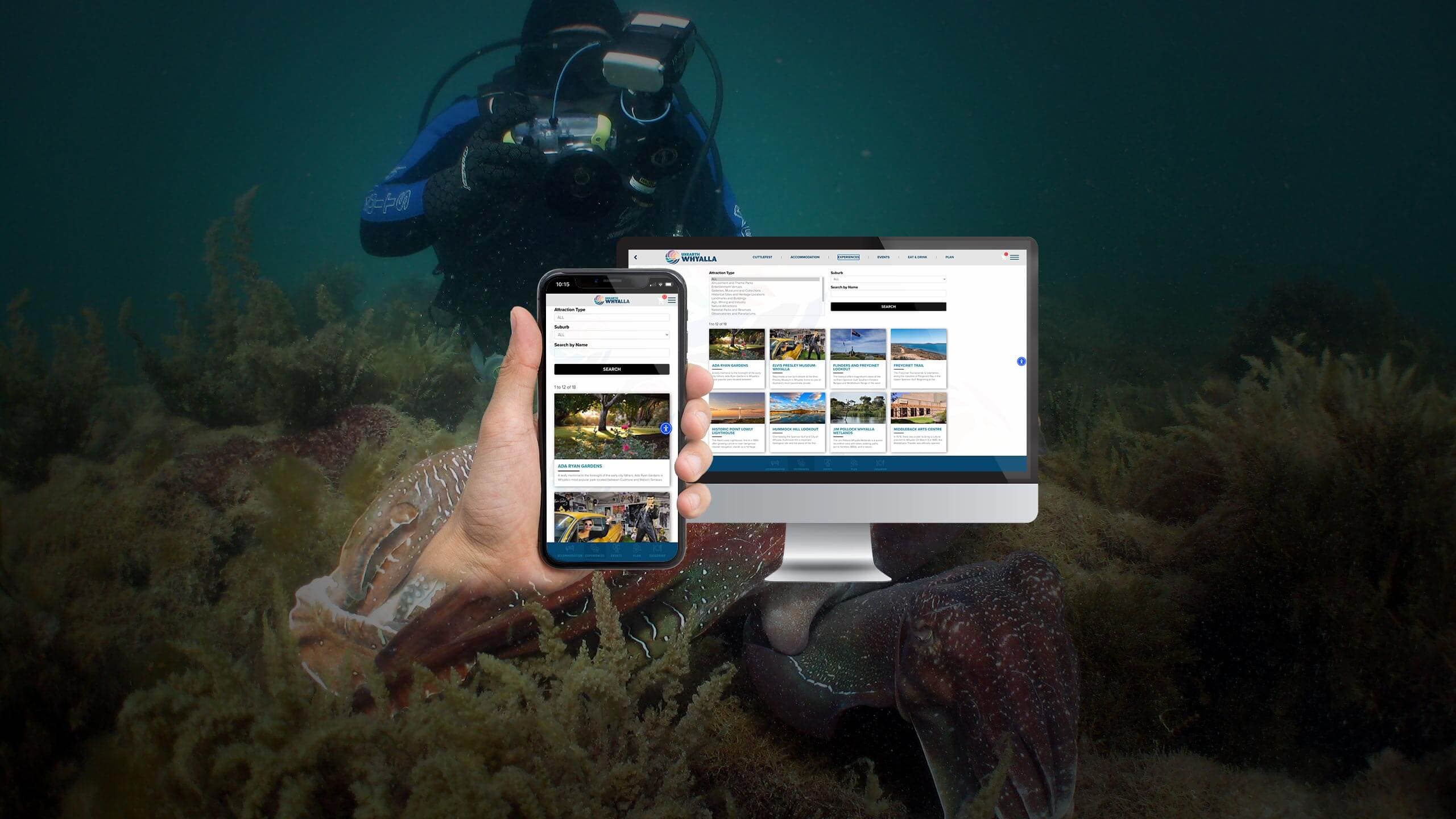 Unearth Whyalla website attractions page on desktop and mobile over an underwater cuttlefish diving scene