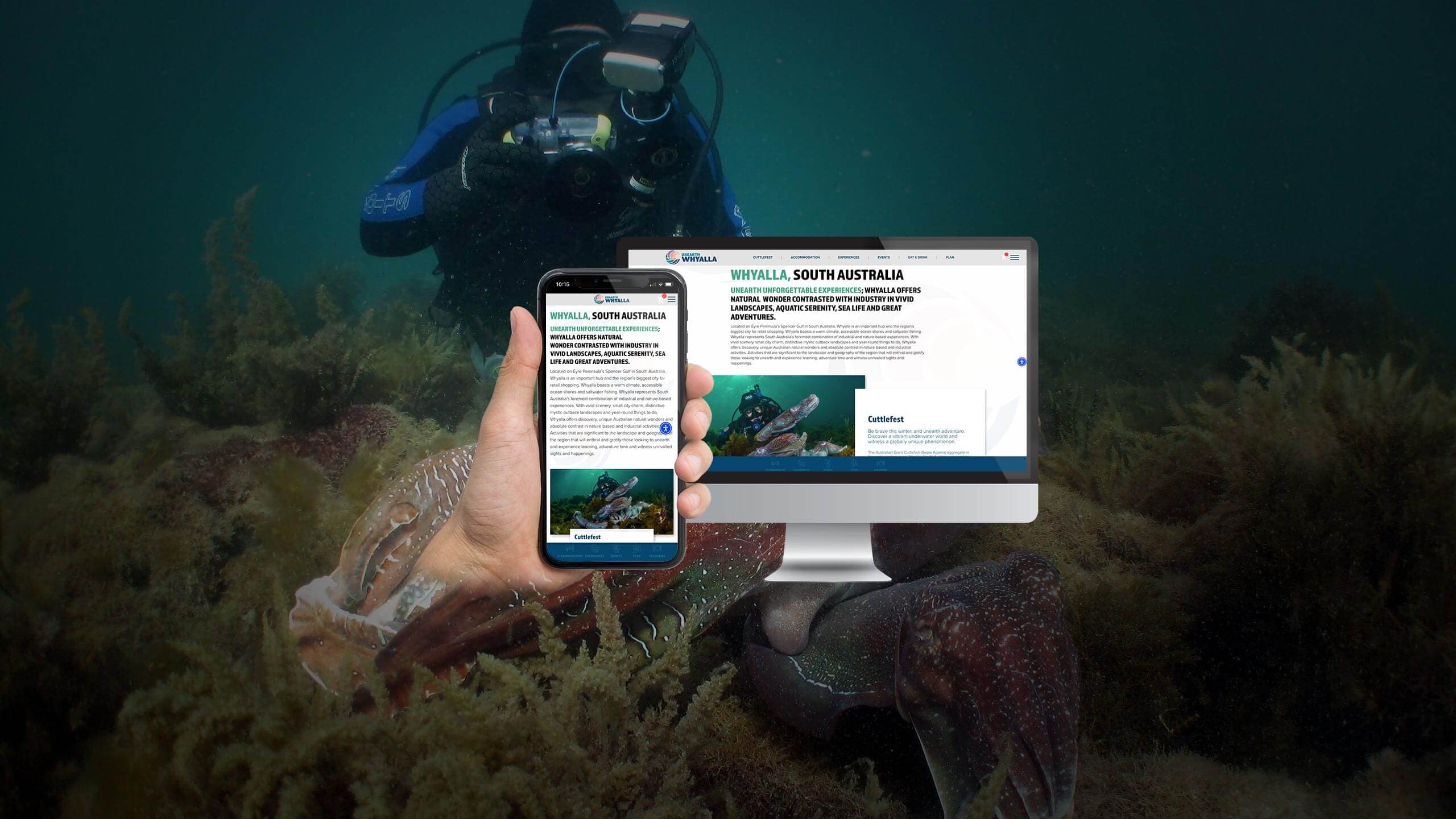 Unearth Whyalla website homepage on desktop and mobile over an underwater cuttlefish diving scene