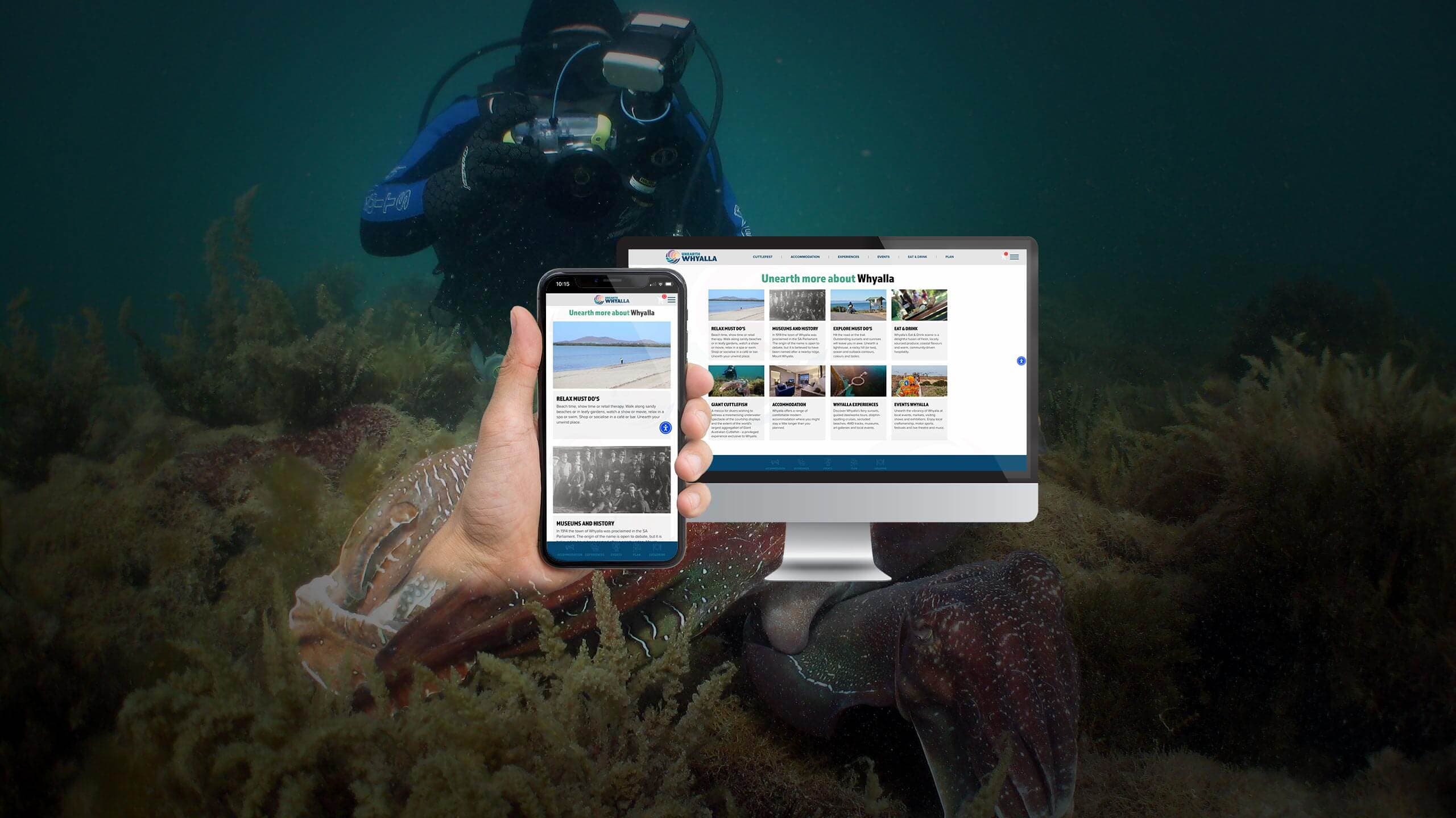 Unearth Whyalla website destination guide page on desktop and mobile over an underwater cuttlefish scene