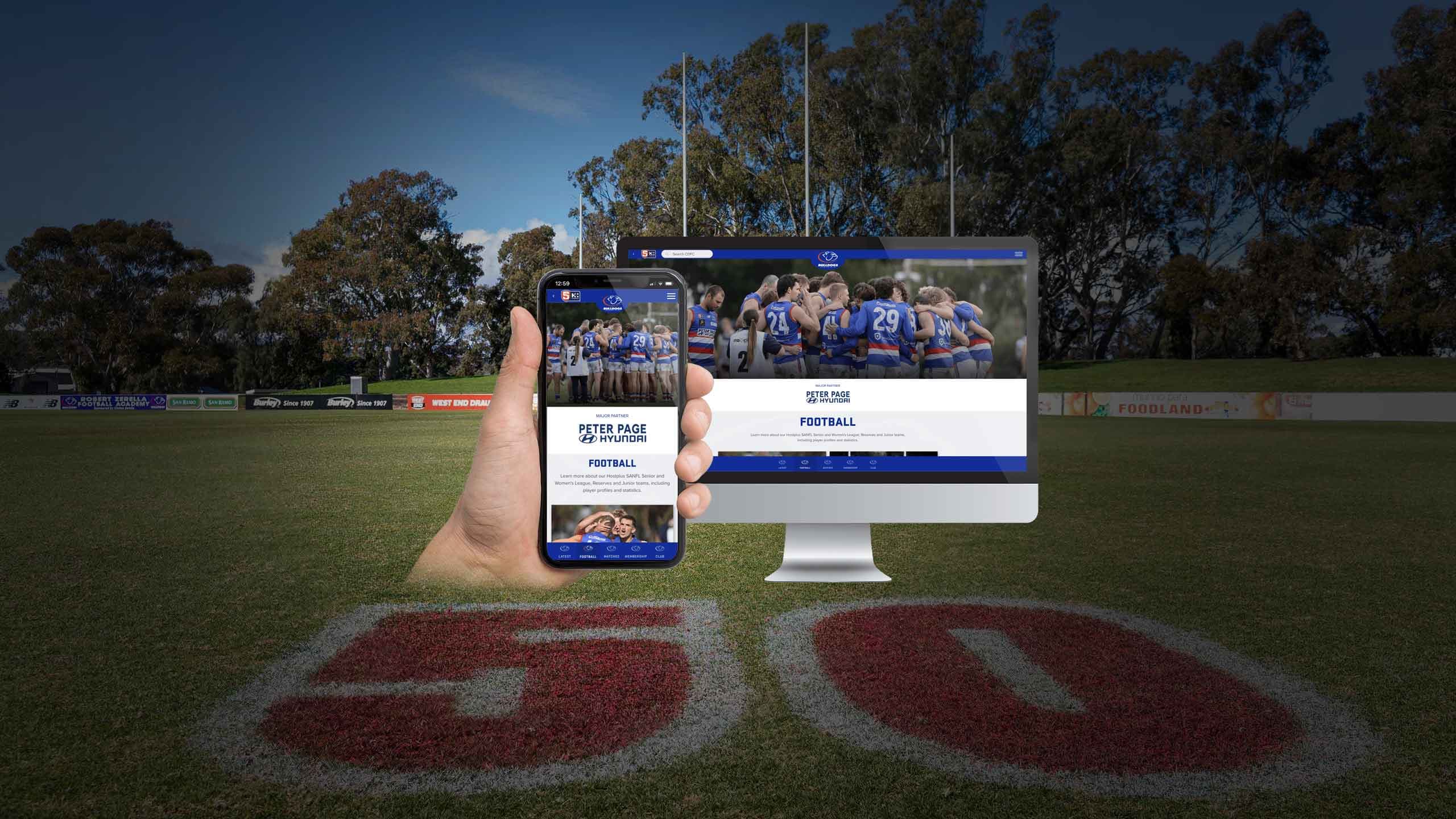 Central District Football Club website Football page on a desktop monitor and smartphone beside a team huddle