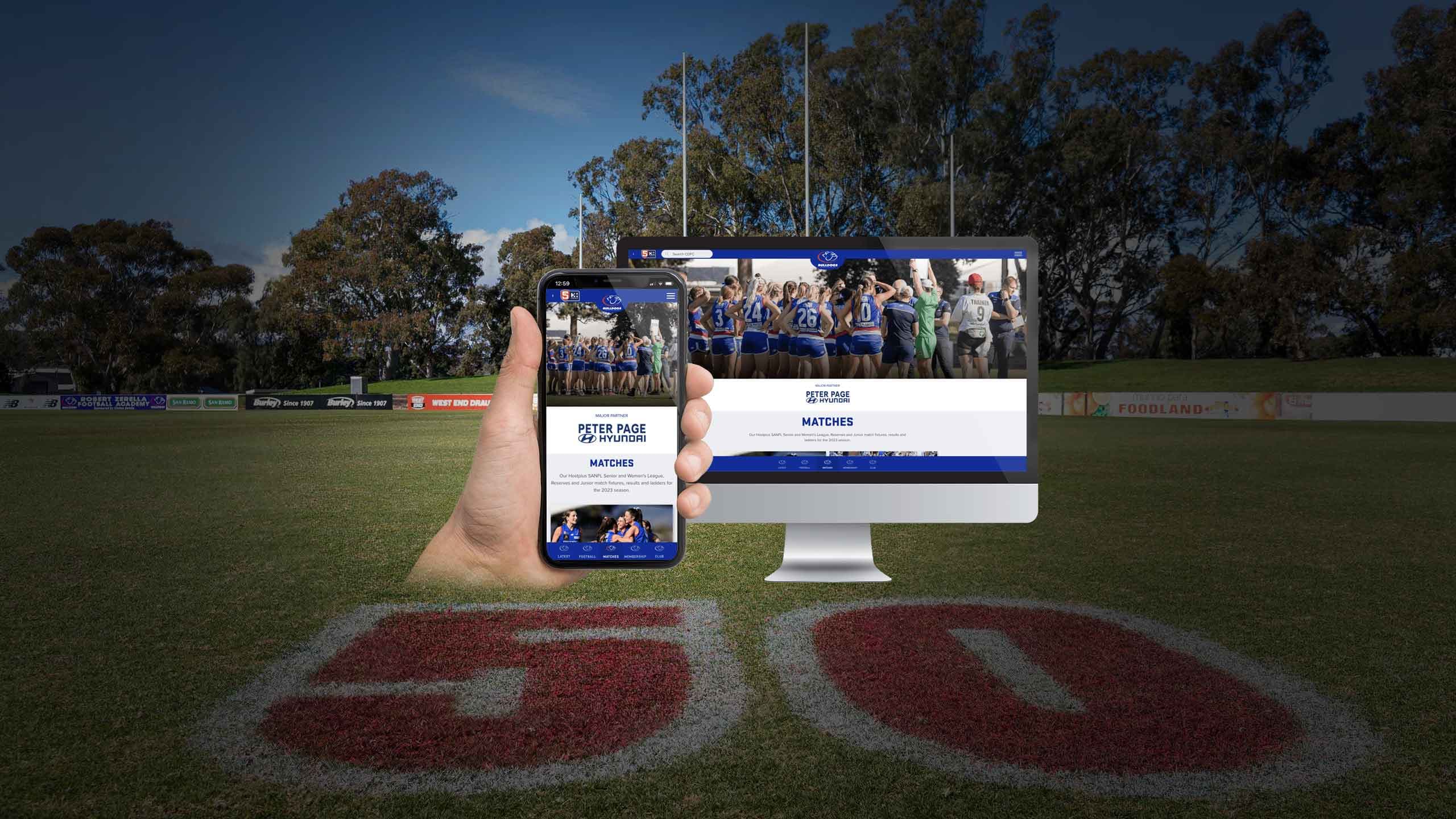 Central District Football Club website Matches page on a desktop monitor and smartphone beside a team huddle