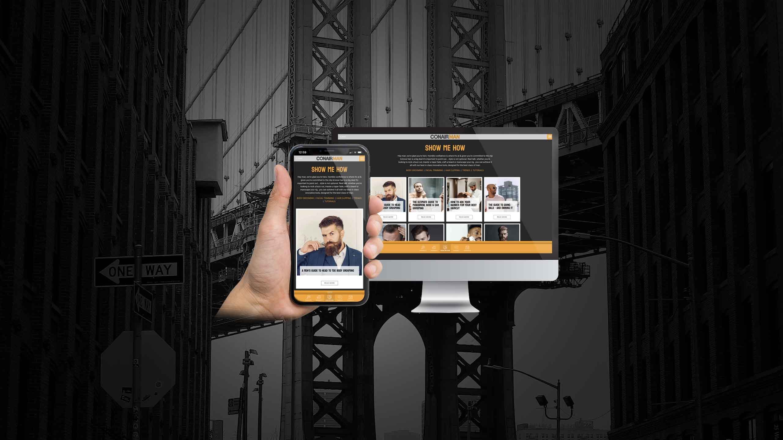 ConairMan homepage on desktop and smartphone against a city bridge backdrop