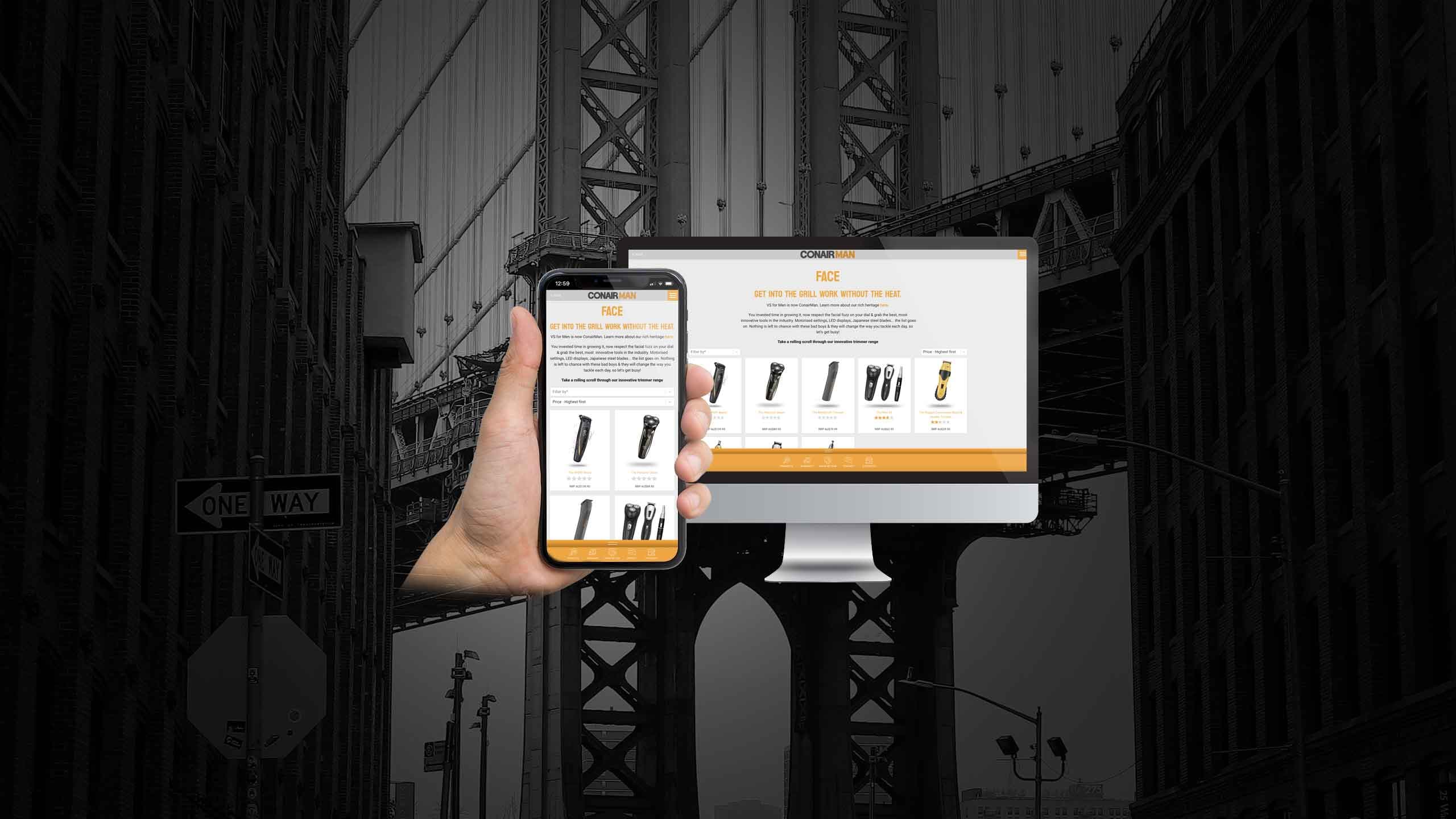 ConairMan Face product page on desktop and smartphone against a city bridge backdrop