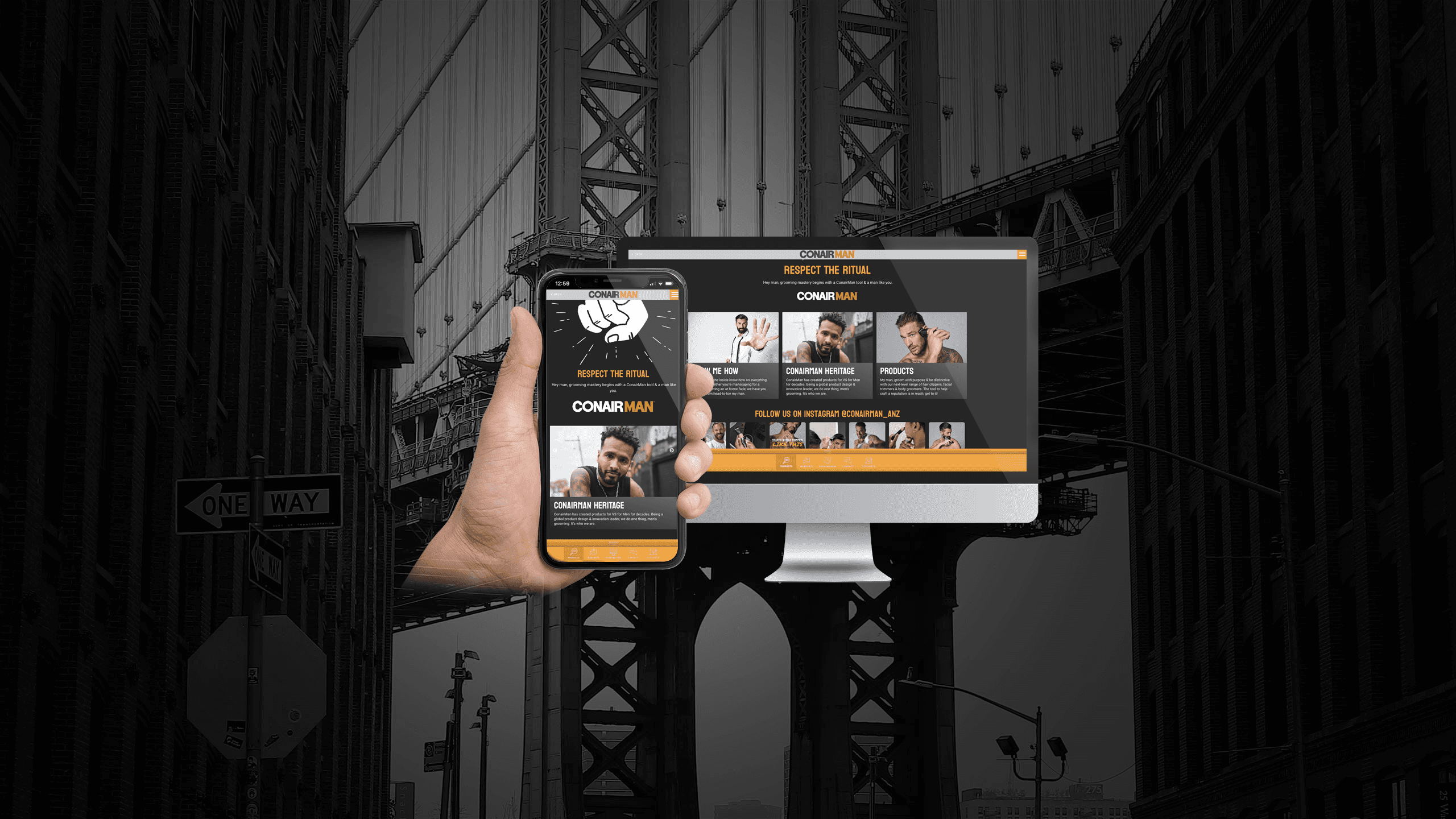 ConairMan Show Me How page on desktop and smartphone against a city bridge backdrop
