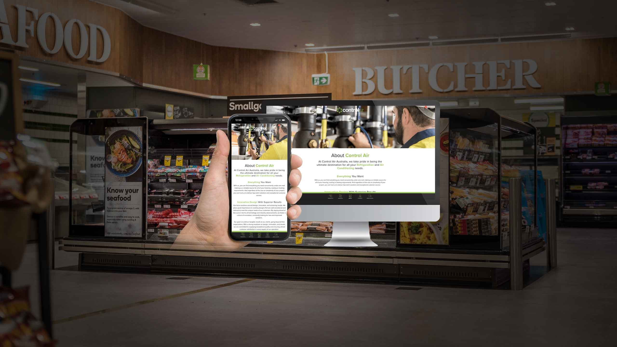 Control Air Australia about us page shown on a desktop monitor and smartphone in a supermarket aisle