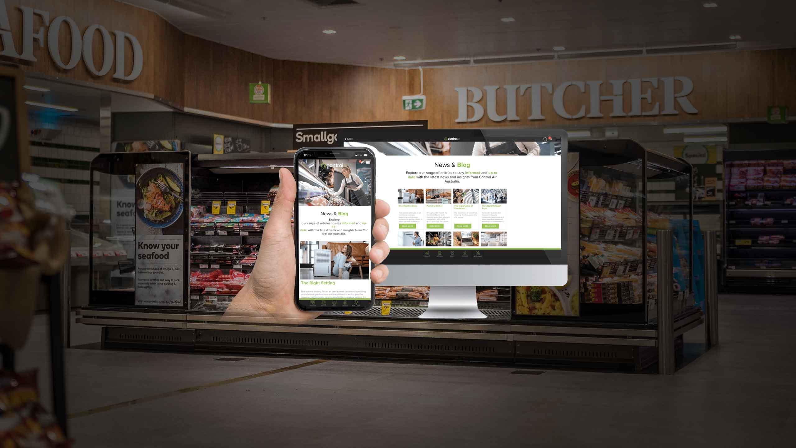 Control Air Australia website shown on desktop and smartphone over a supermarket seafood and butcher aisle