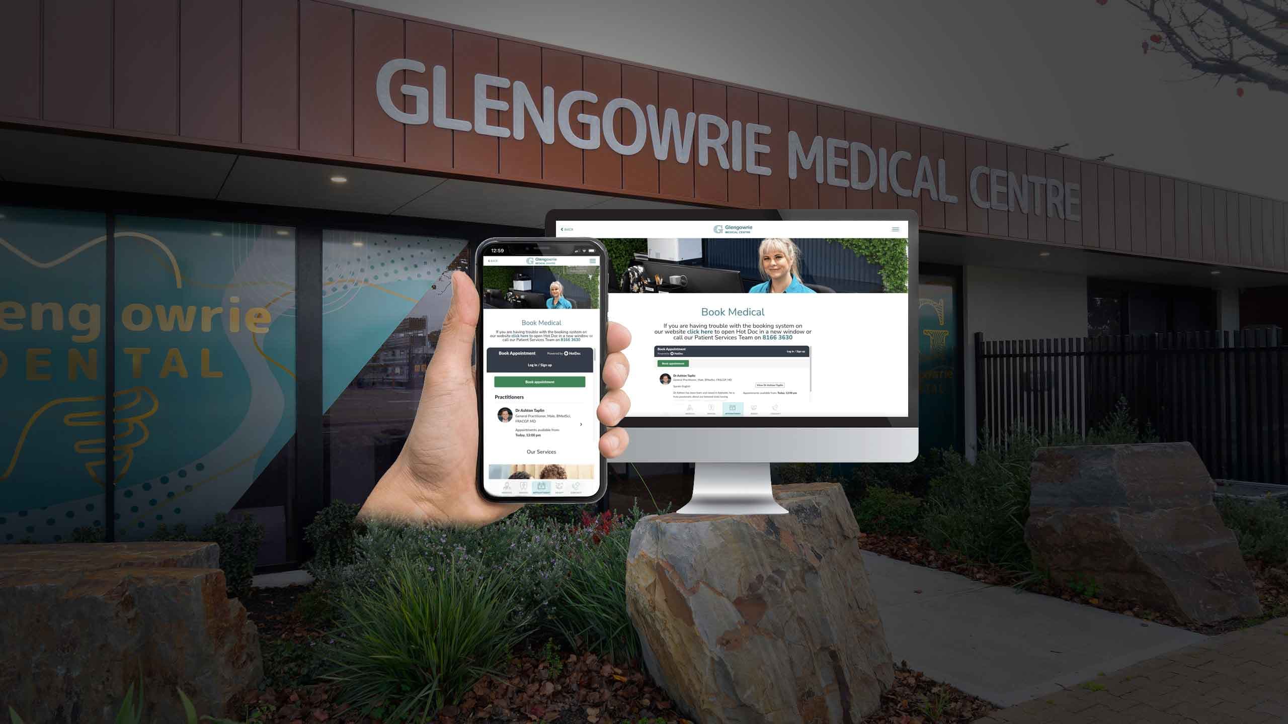 Glengowrie Medical Centre website Book Medical page on desktop and mobile outside the clinic building