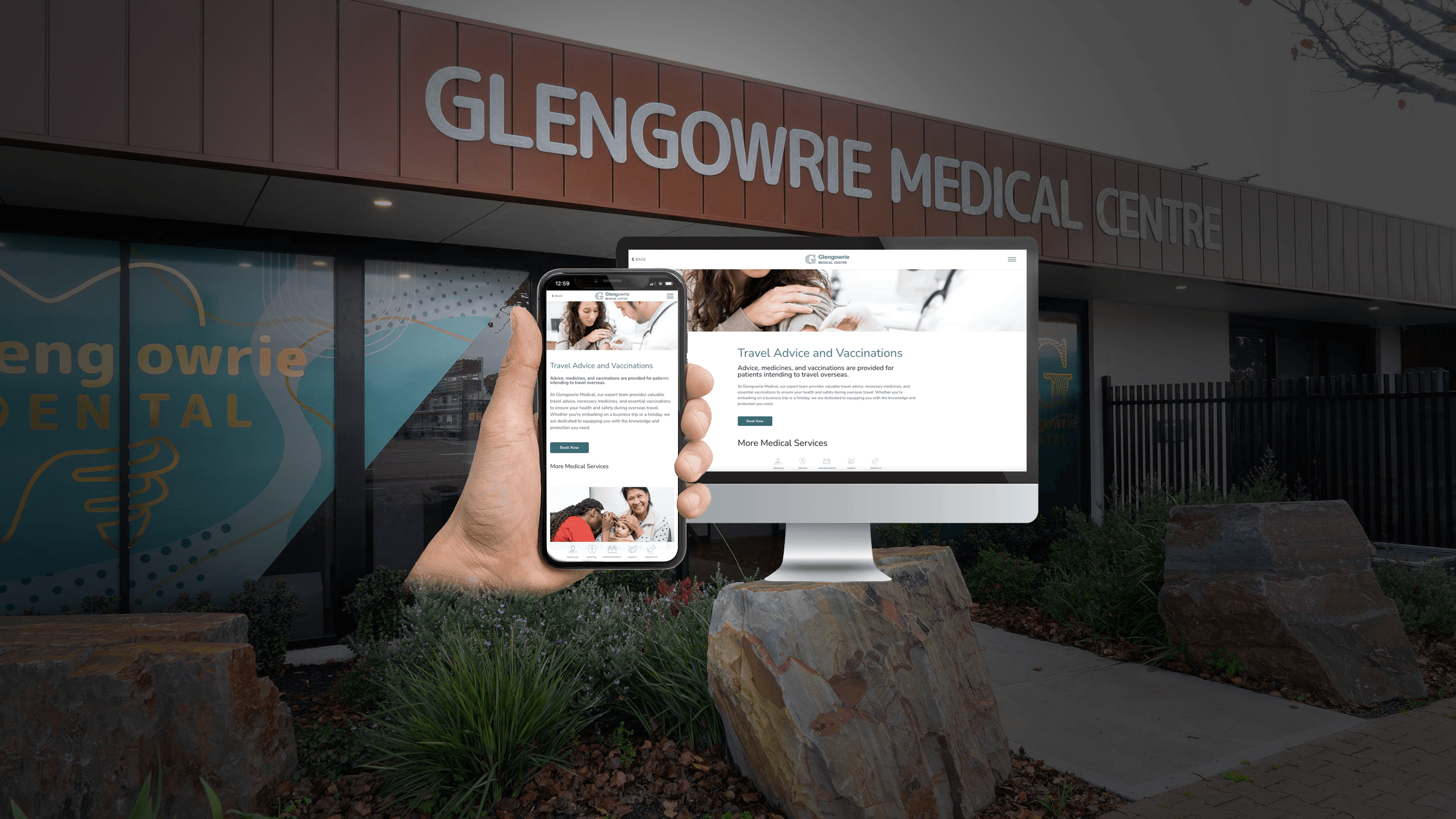 Glengowrie Medical Centre website Travel Advice page on desktop and mobile outside the clinic building
