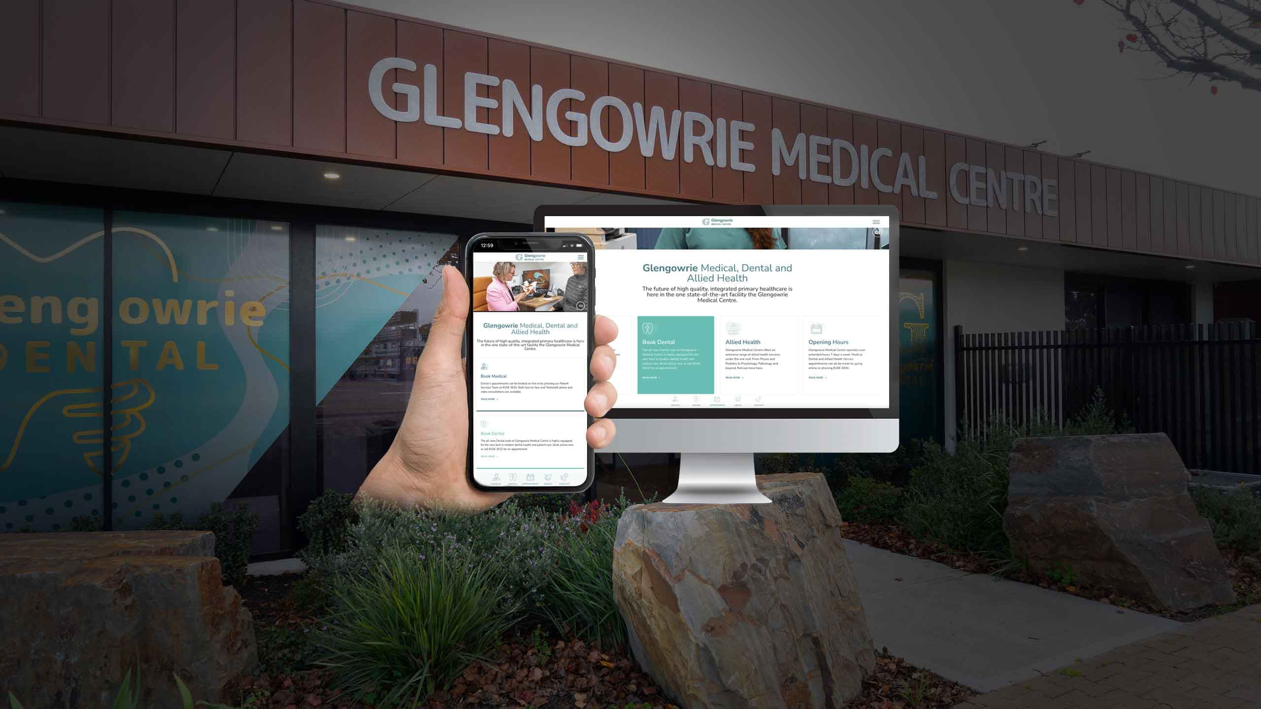 Glengowrie Medical Centre website homepage on desktop and mobile outside the clinic building