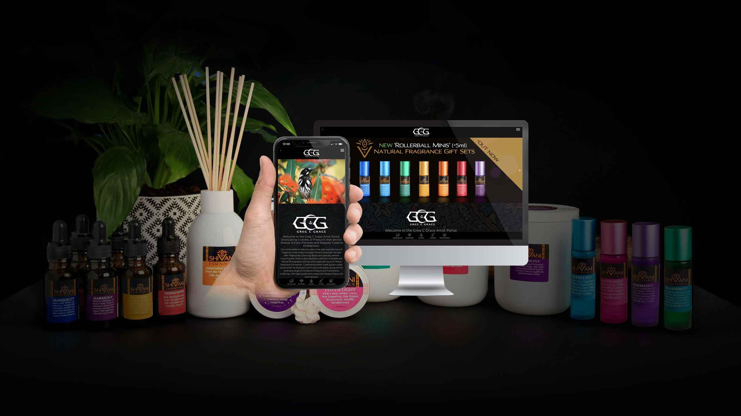 Greg C Grace Artist Portal website mockup displayed among Shivani Essentials fragrance products
