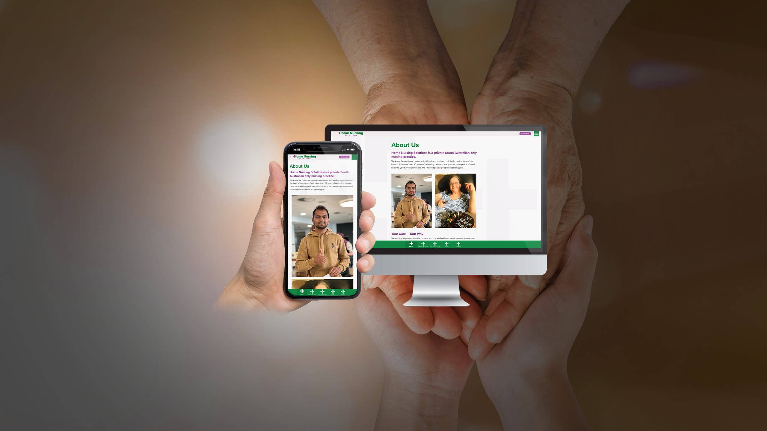 Home Nursing Solutions about us page shown on a desktop monitor and smartphone held by clasped hands
