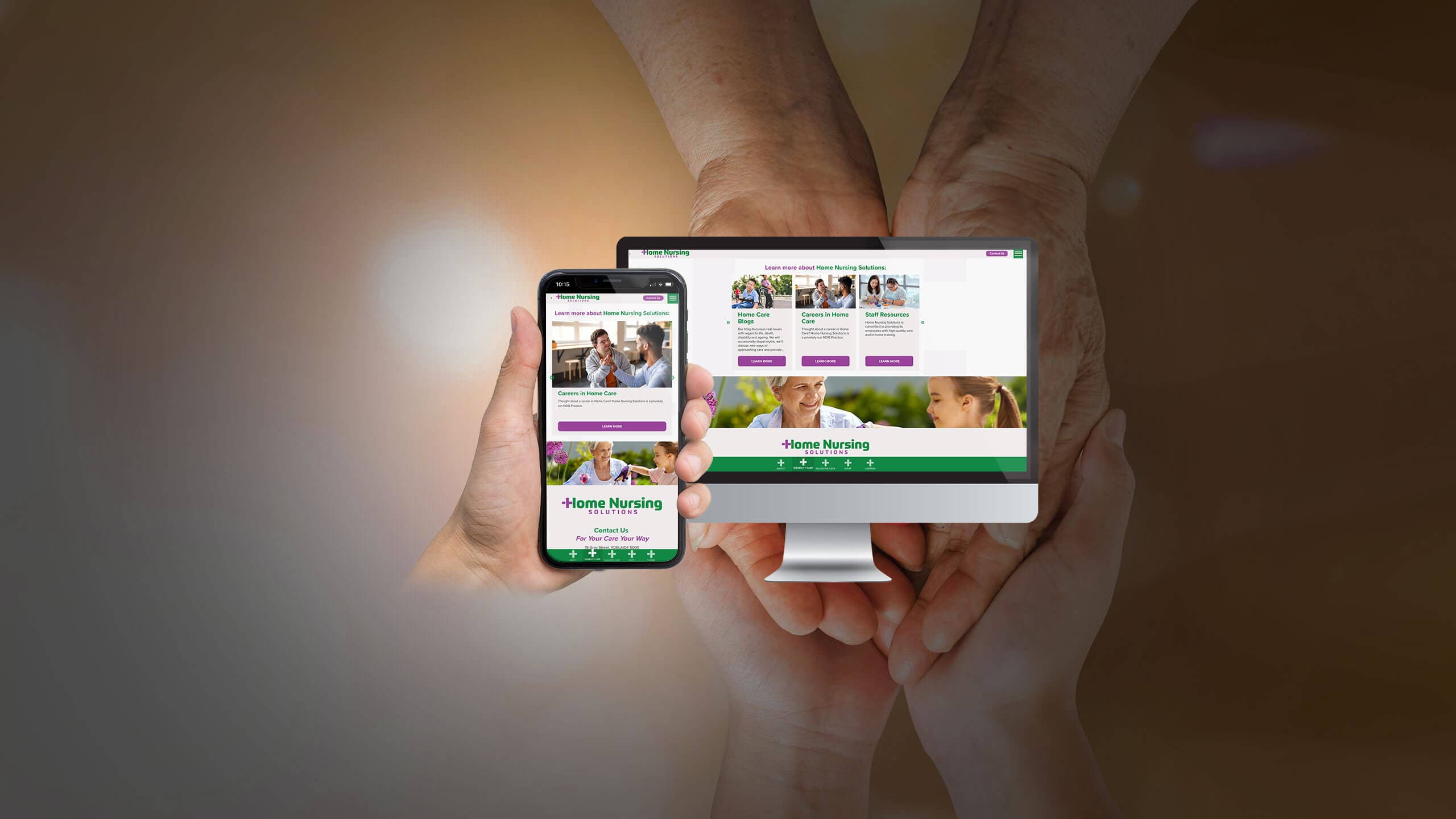 Home Nursing Solutions careers page shown on a desktop monitor and smartphone held by clasped hands
