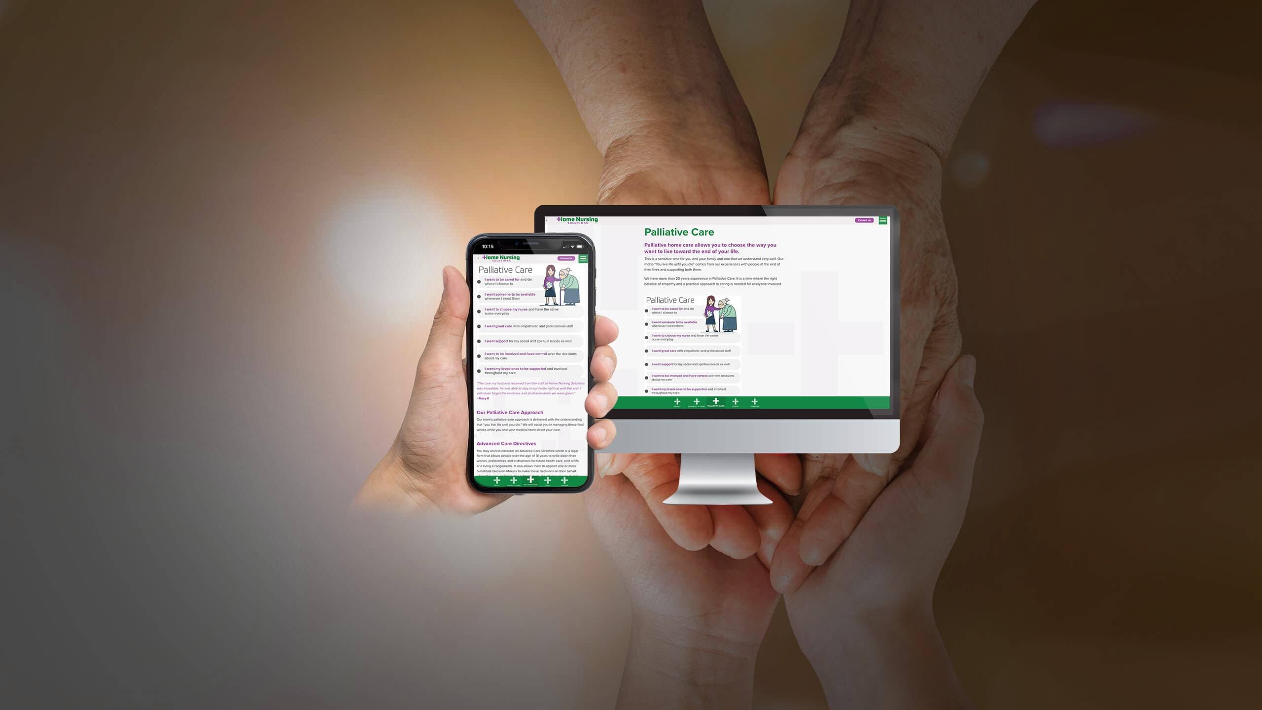 Home Nursing Solutions palliative care page shown on a desktop monitor and smartphone held by clasped hands
