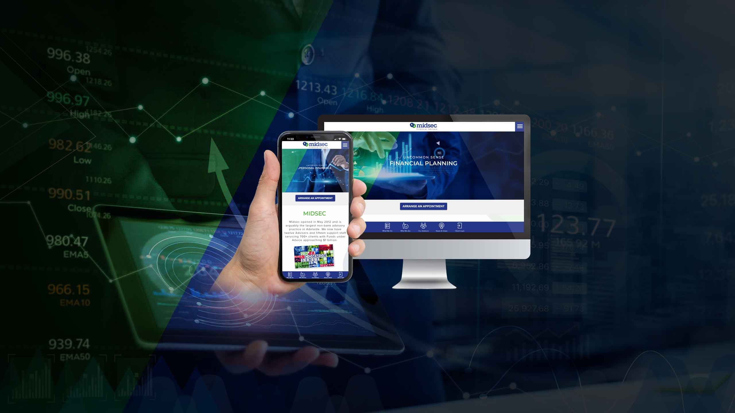 Midsec Financial Advisors website homepage on desktop and smartphone over a financial data background