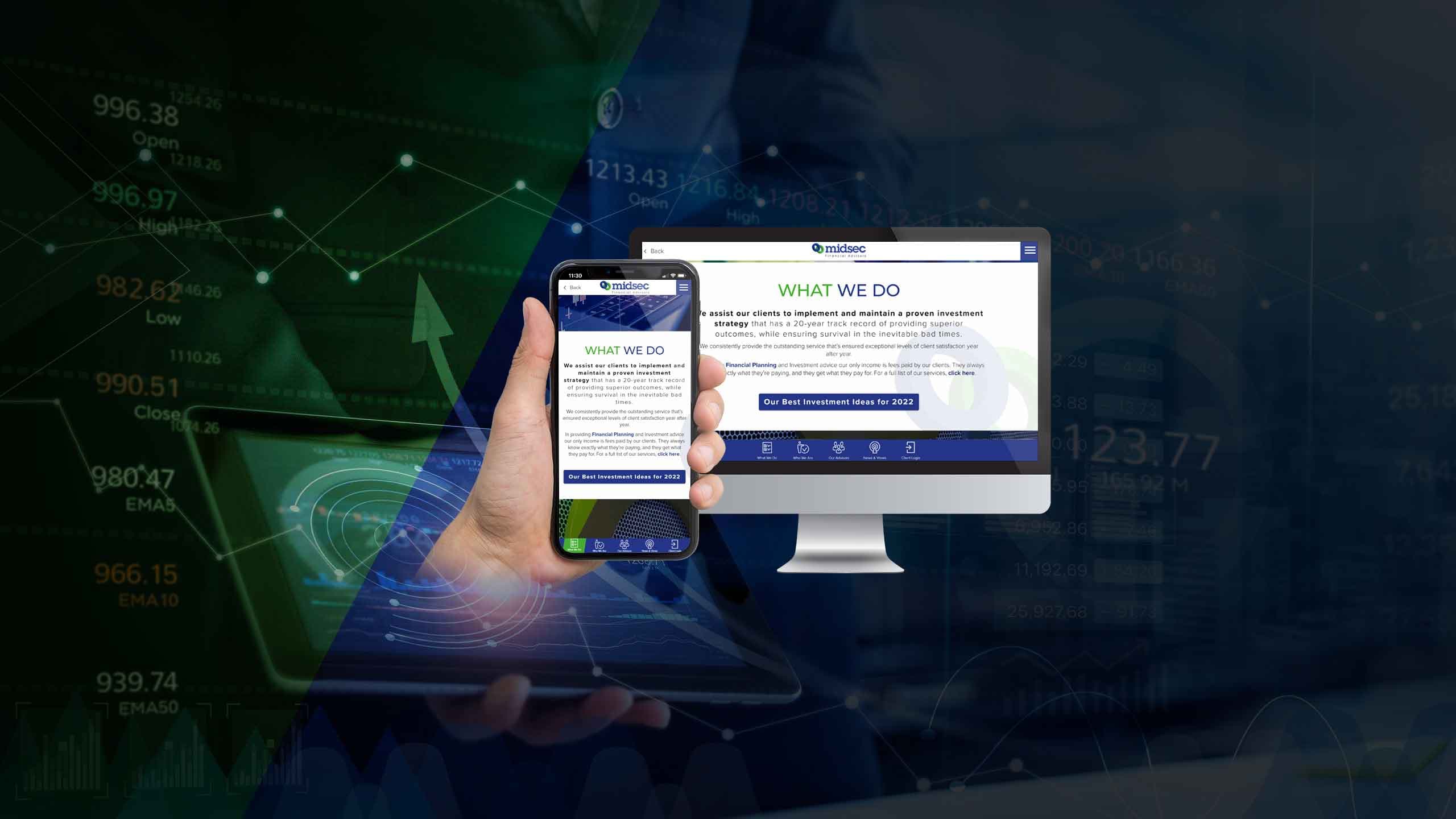 Midsec Financial Advisors What We Do page on desktop and smartphone over a financial data background