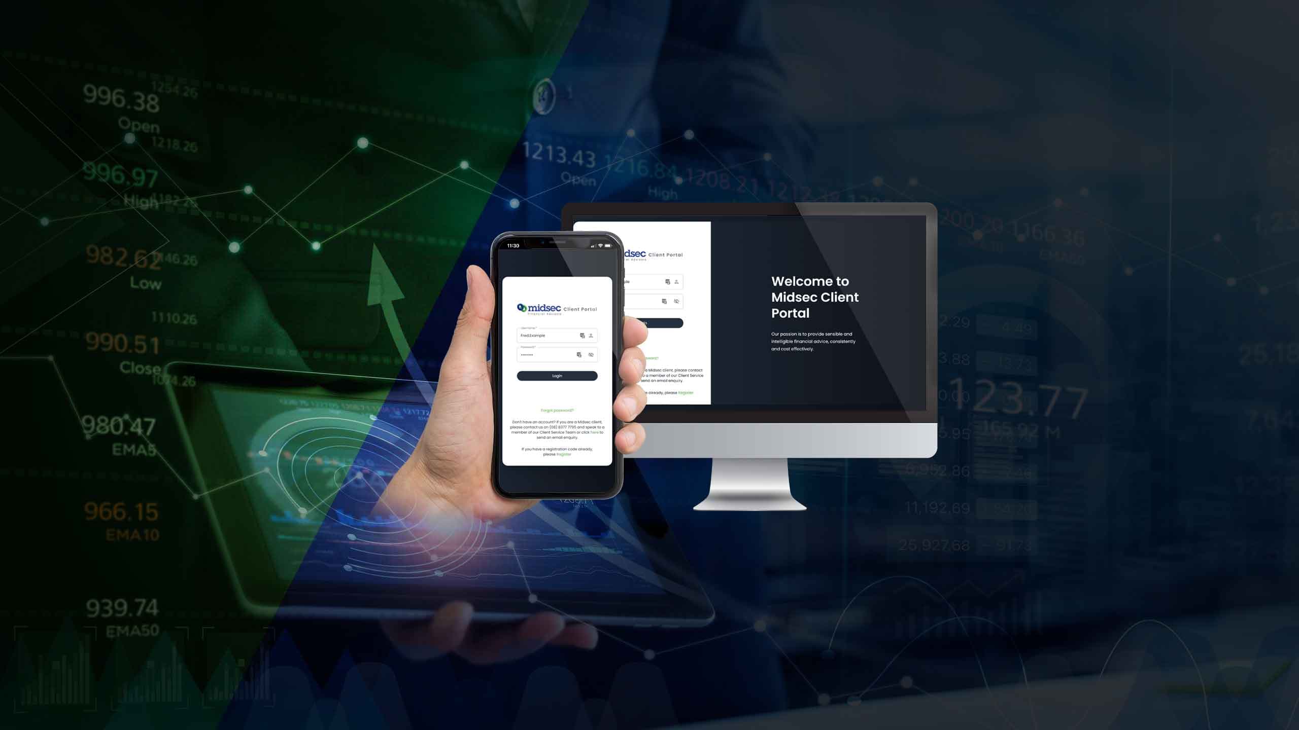 Midsec Financial Advisors client portal login page on desktop and smartphone over a financial data background