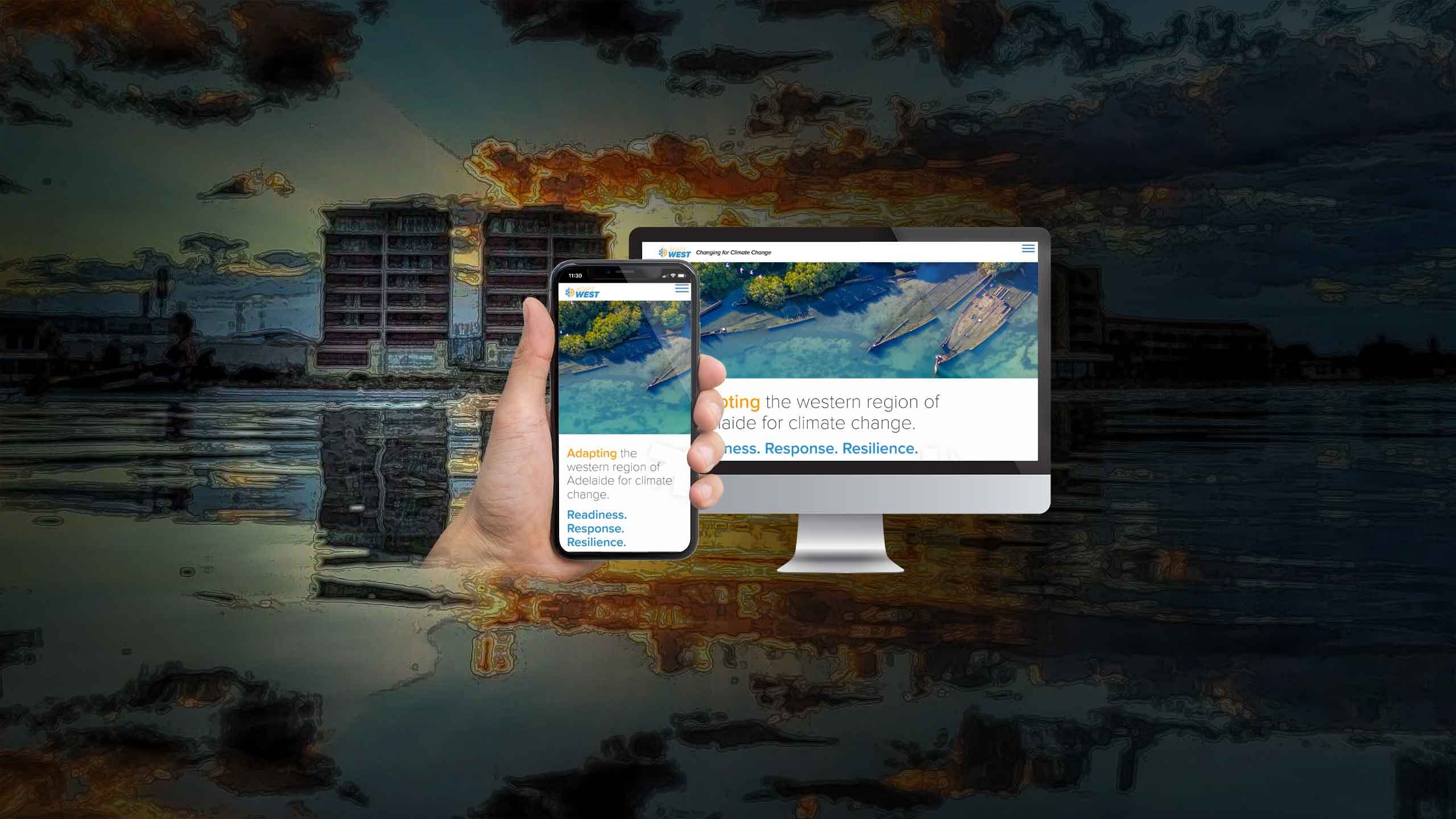 AdaptWest climate change website displayed on a desktop monitor and smartphone over a stylised aerial river landscape