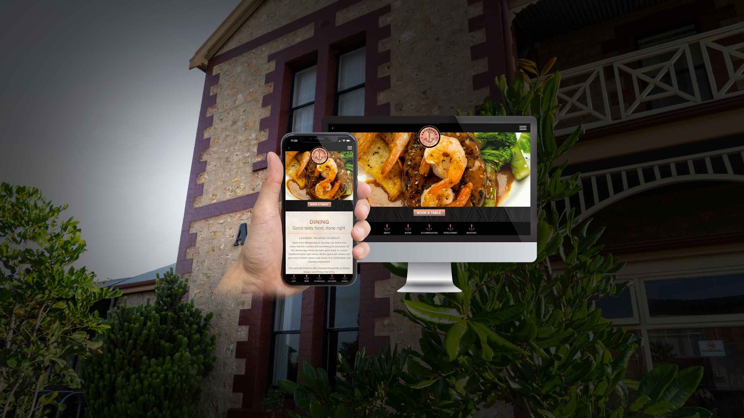 The Anchorage hotel dining page on desktop and mobile devices over its heritage Victor Harbor building
